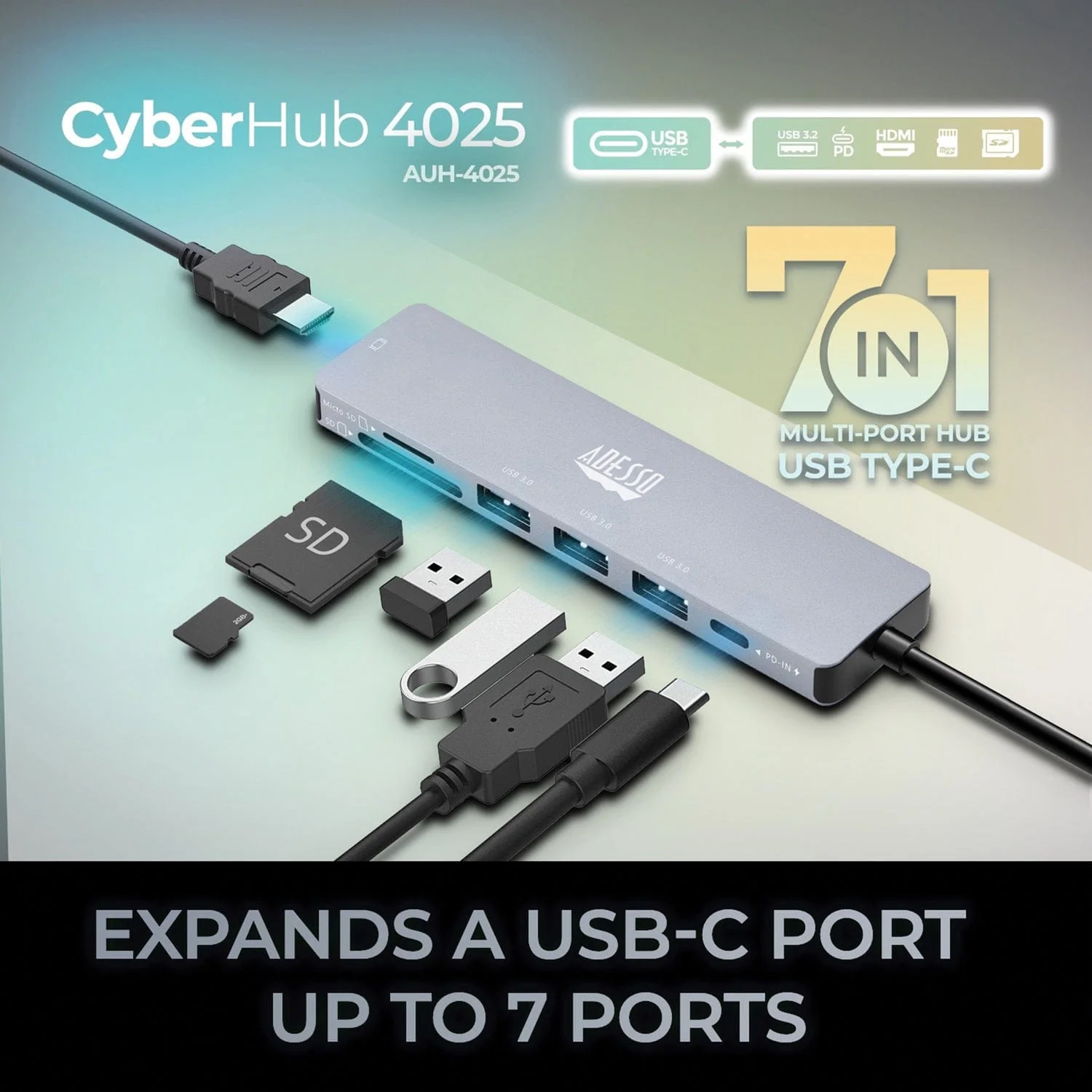Adesso 7-in-1 CyberHub USB-C Docking Station with 4K HDMI Port, for Laptops - Image 2