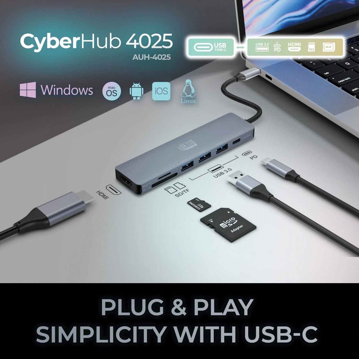 Adesso 7-in-1 CyberHub USB-C Docking Station with 4K HDMI Port, for Laptops - Image 3