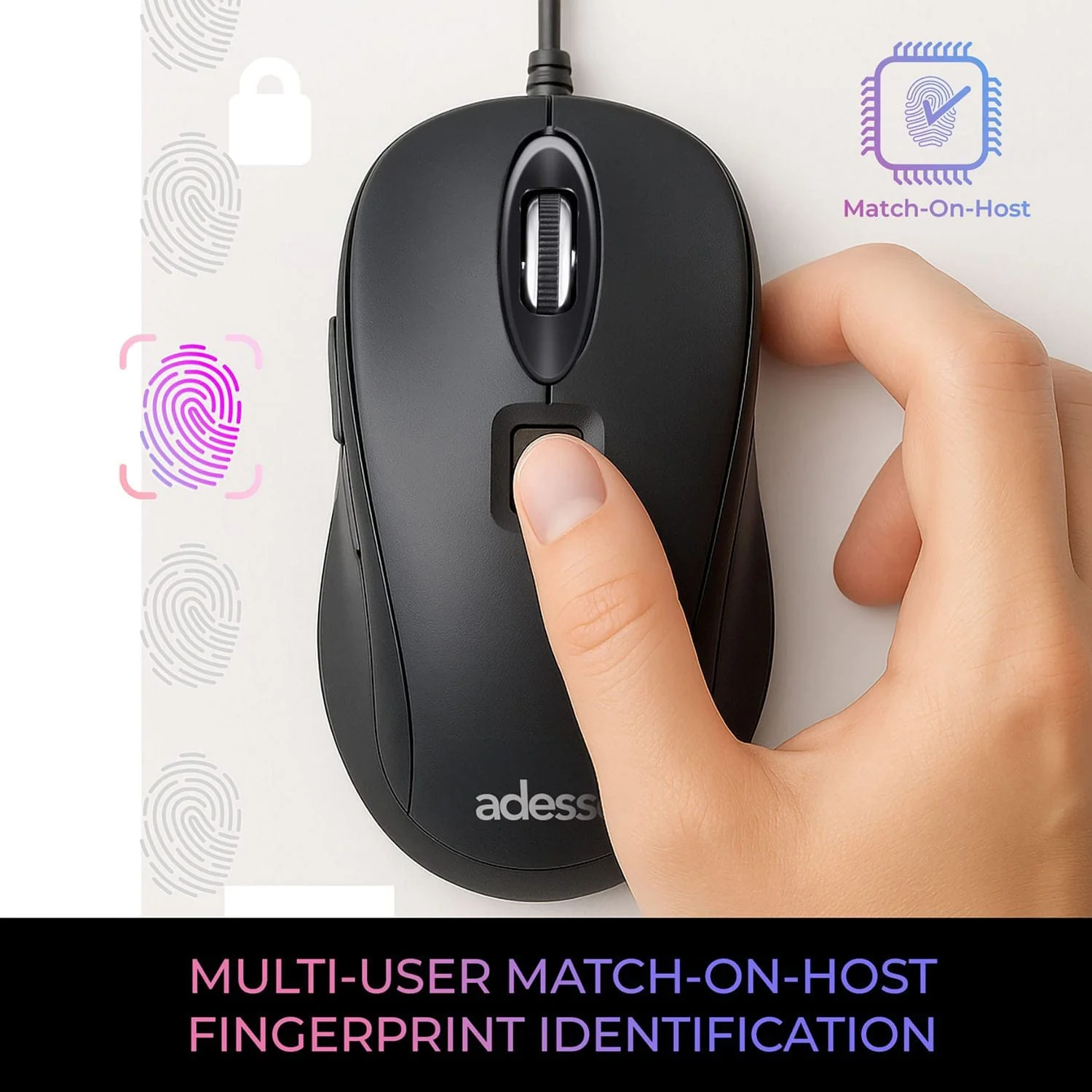 Adesso iMouse F1-TAA Wired USB Computer Mouse with Fingerprint Reader, 5 Buttons, 1200 DPI, for PC and Mac - Image 5