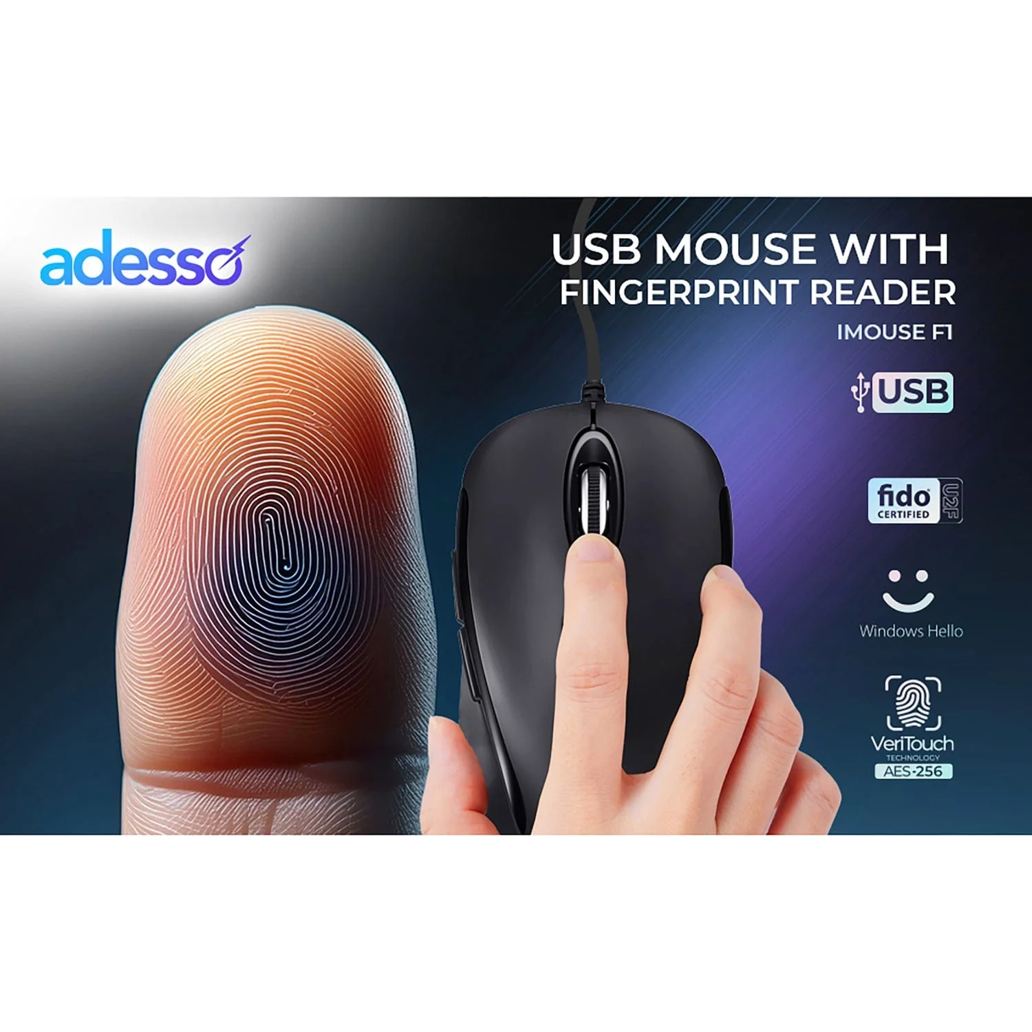 Adesso iMouse F1-TAA Wired USB Computer Mouse with Fingerprint Reader, 5 Buttons, 1200 DPI, for PC and Mac - Image 8