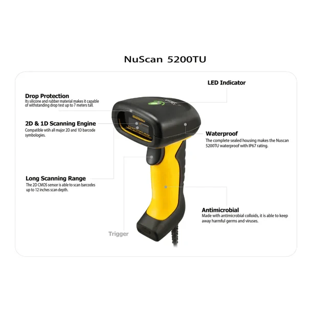 Adesso NuScan 5200T USB 2D Waterproof Industrial Handheld Barcode Scanner - Image 10