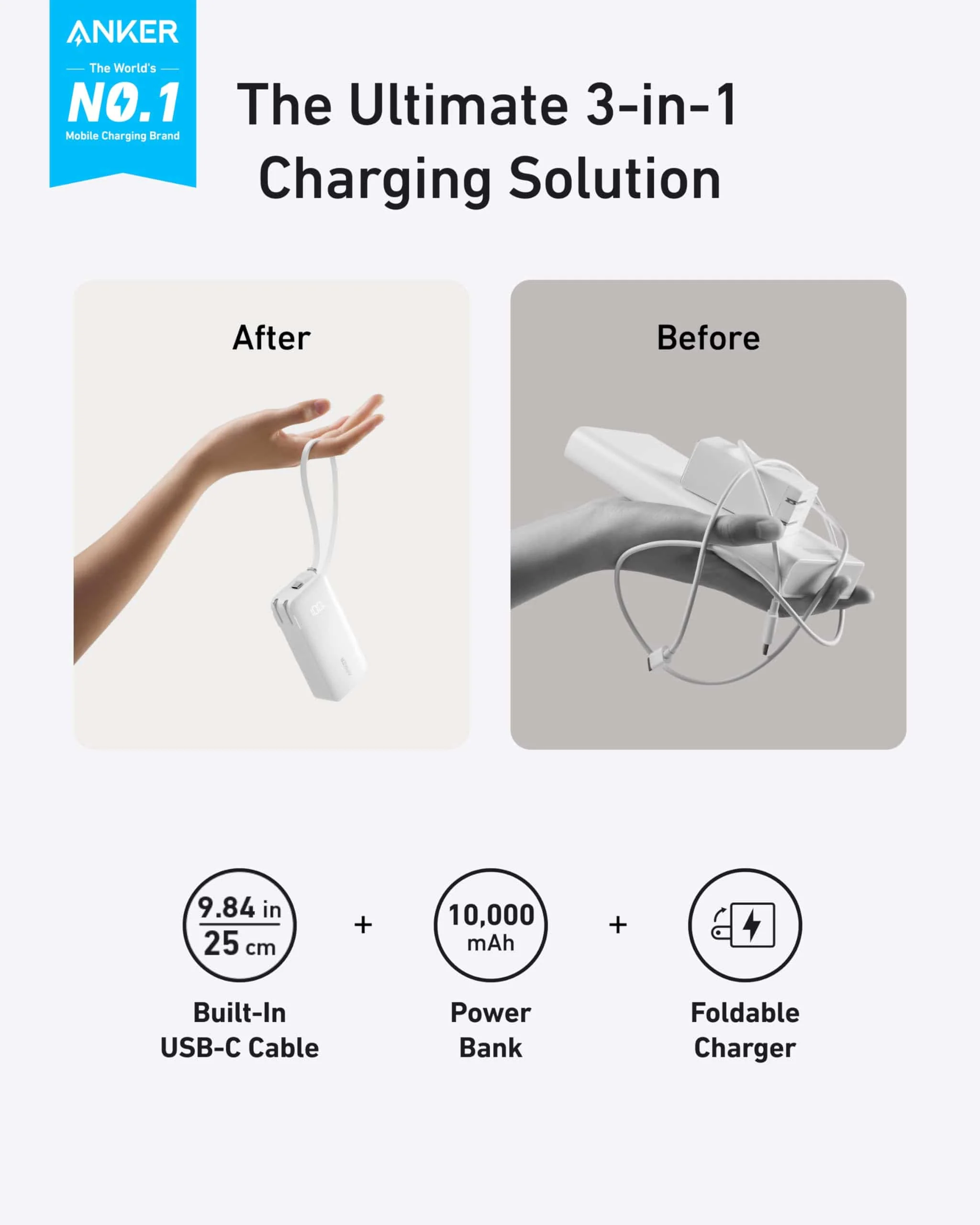 Anker Power Bank (10K, Fusion, Built-In Cable) - Image 2