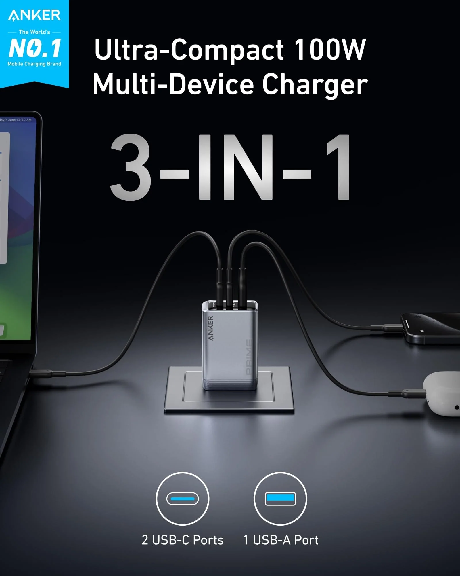 Anker Prime Charger (100W, 3 Ports, GaN) - Image 2