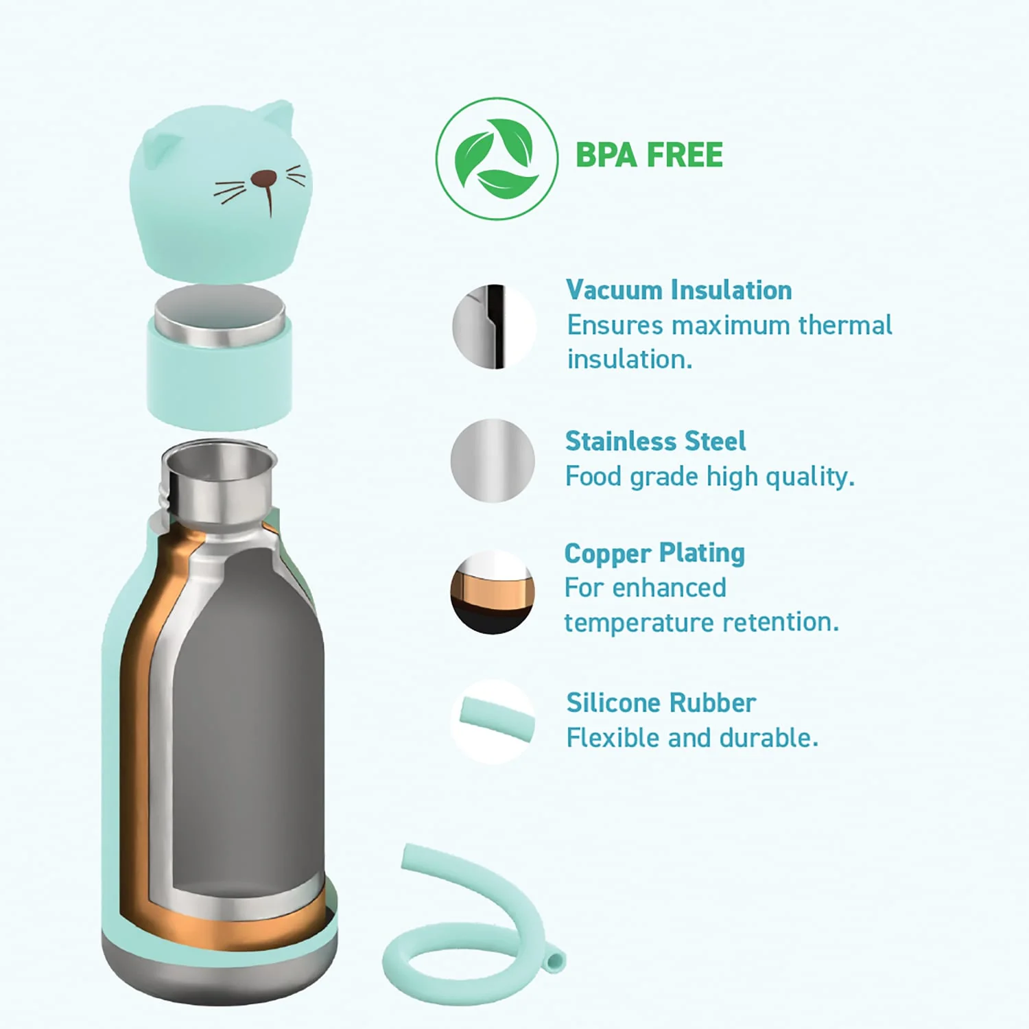Asobu 16-Oz. Bestie Bottle Insulated Stainless Steel Water Bottle with Reusable Flexi Straw, Kitty - Image 2
