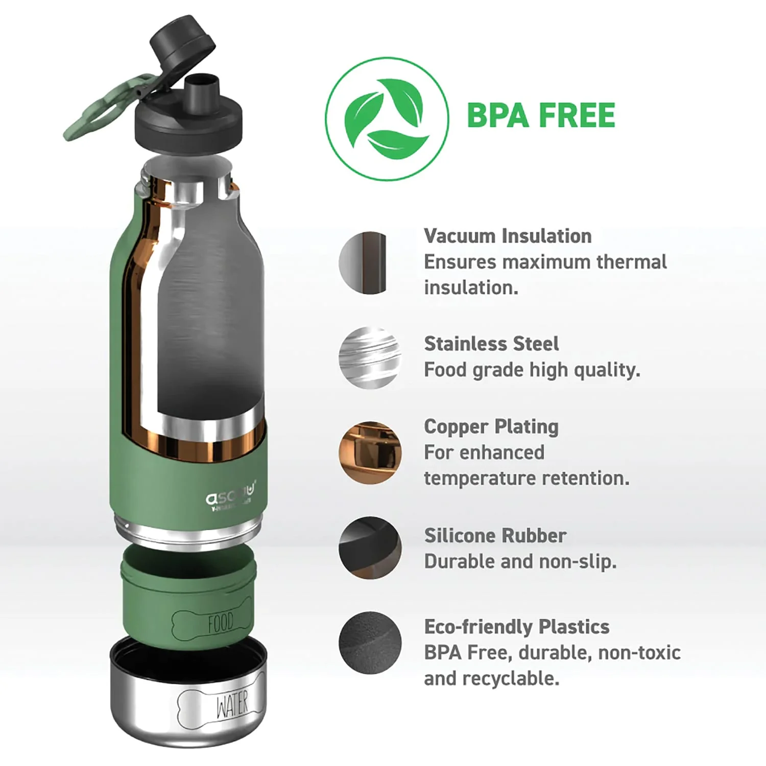 Asobu Barkey 32-Oz. 3-in-1 Water Bottle with Removable Dog Bowl and Food Compartment, Basil Green - Image 3