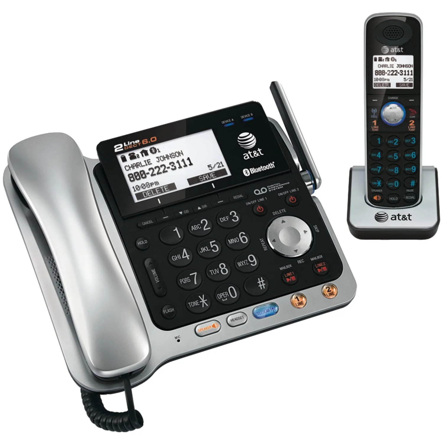 AT&T 2-Line 2-Handset DECT 6.0 Expandable Cordless Phone System for Landline, Answering System, Bluetooth Connect to Cell, and Caller ID
