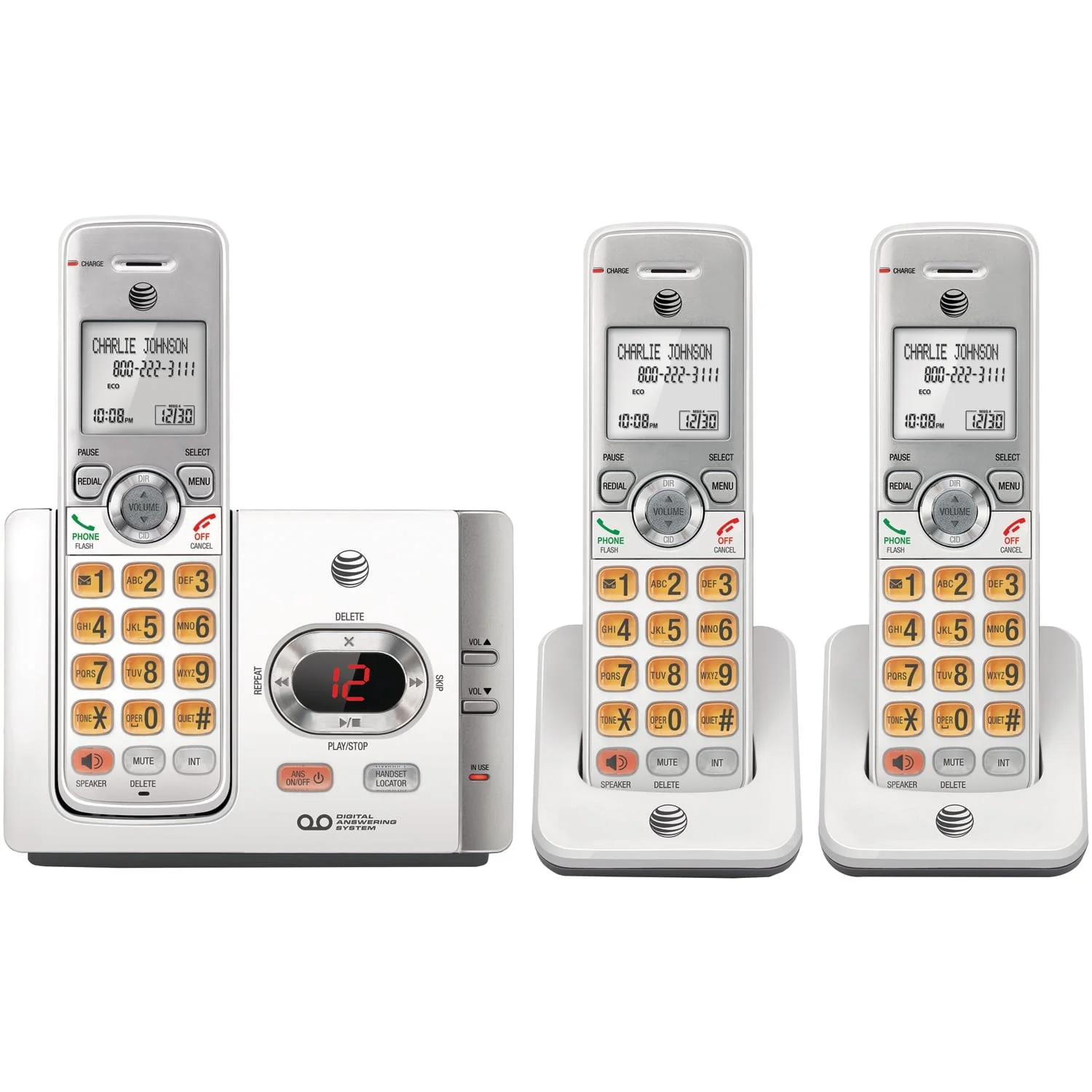 AT&T DECT 6.0 Expandable Cordless Phone System for Landline, Digital Answering System, Caller ID/Call Waiting, and Large Buttons, 3 Handset