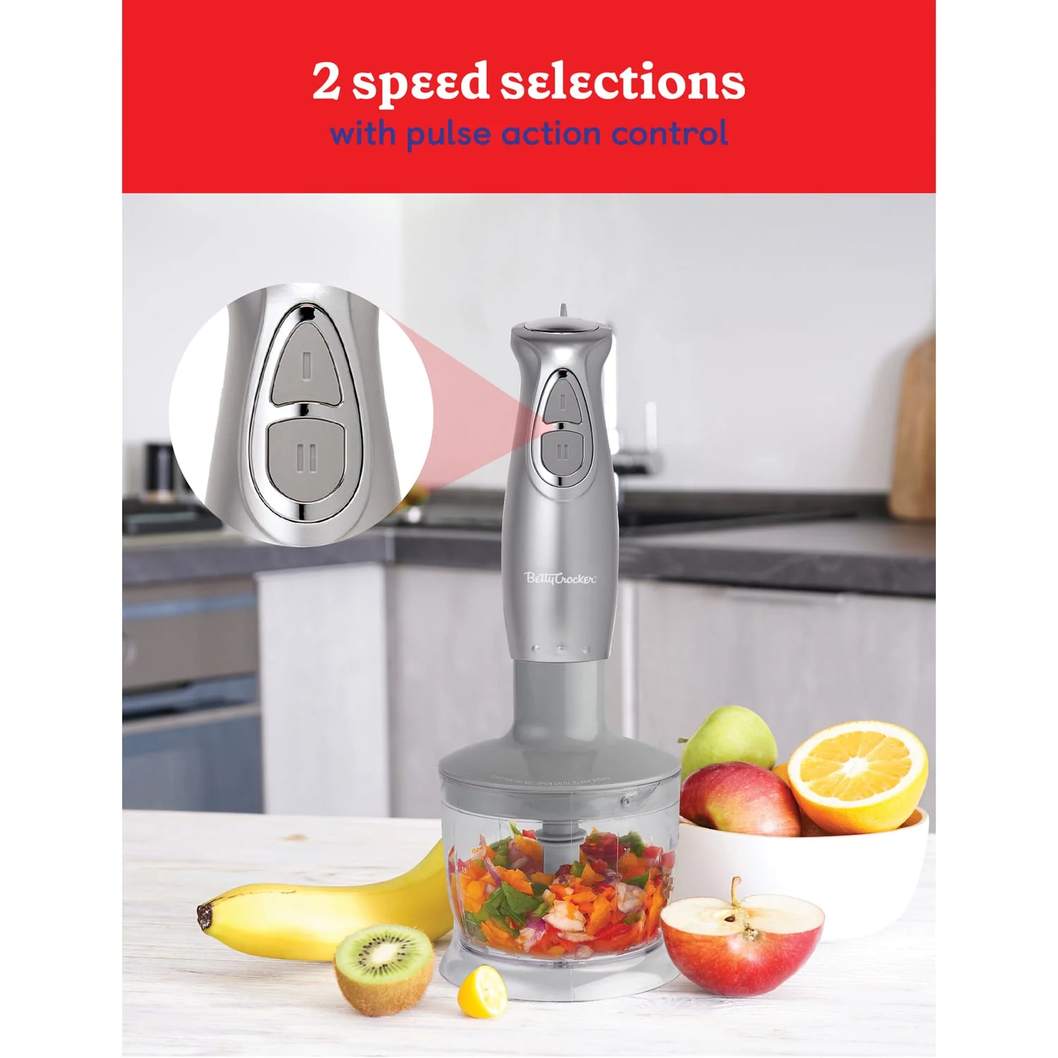Betty Crocker 2-Speed Corded Electric Hand Blender with Beaker, Chopper, and Whisk, Silver - Image 3
