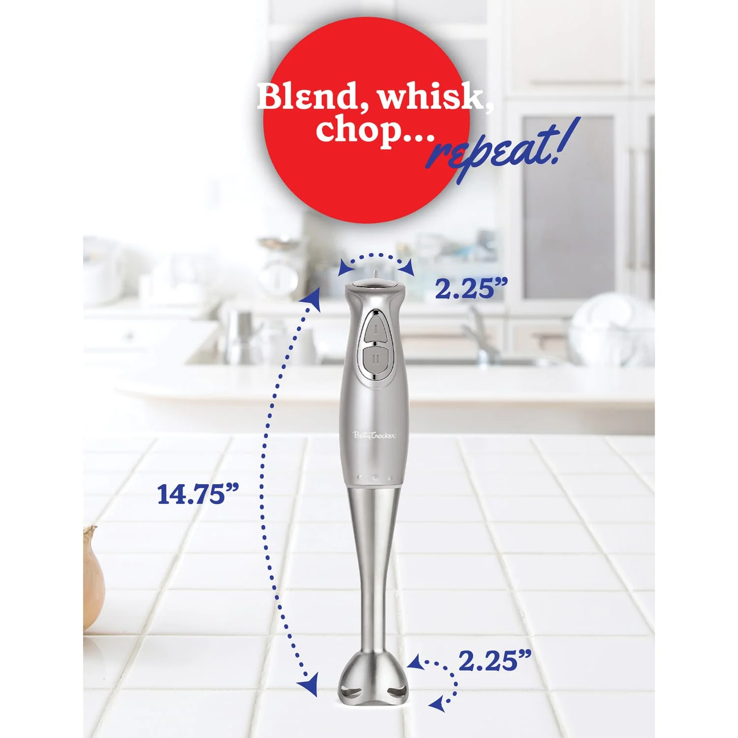Betty Crocker 2-Speed Corded Electric Hand Blender with Beaker, Chopper, and Whisk, Silver - Image 4