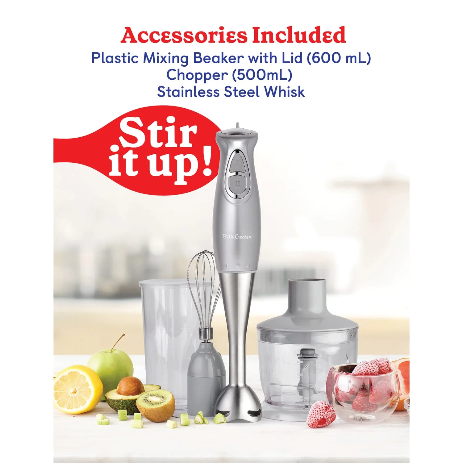 Betty Crocker 2-Speed Corded Electric Hand Blender with Beaker, Chopper, and Whisk, Silver - Image 5