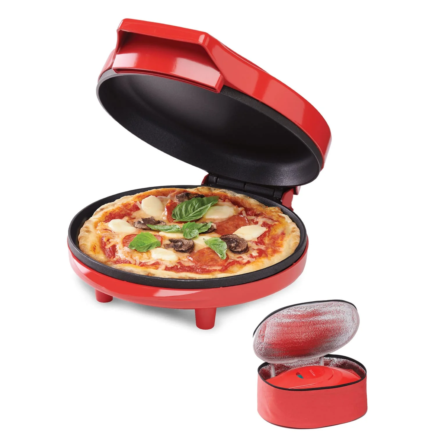 Betty Crocker 8-In. Indoor Electric Travel Nonstick Pizza Maker Plus with Insulated Travel Bag, Red