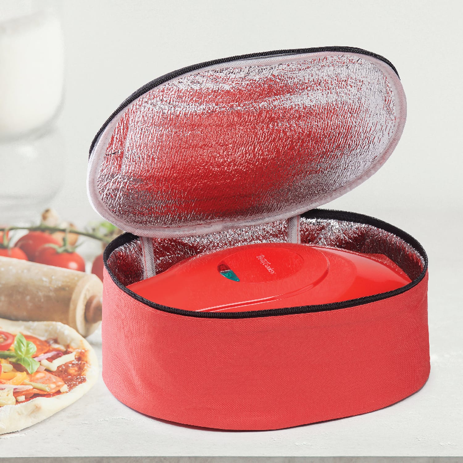 Betty Crocker 8-In. Indoor Electric Travel Nonstick Pizza Maker Plus with Insulated Travel Bag, Red - Image 2