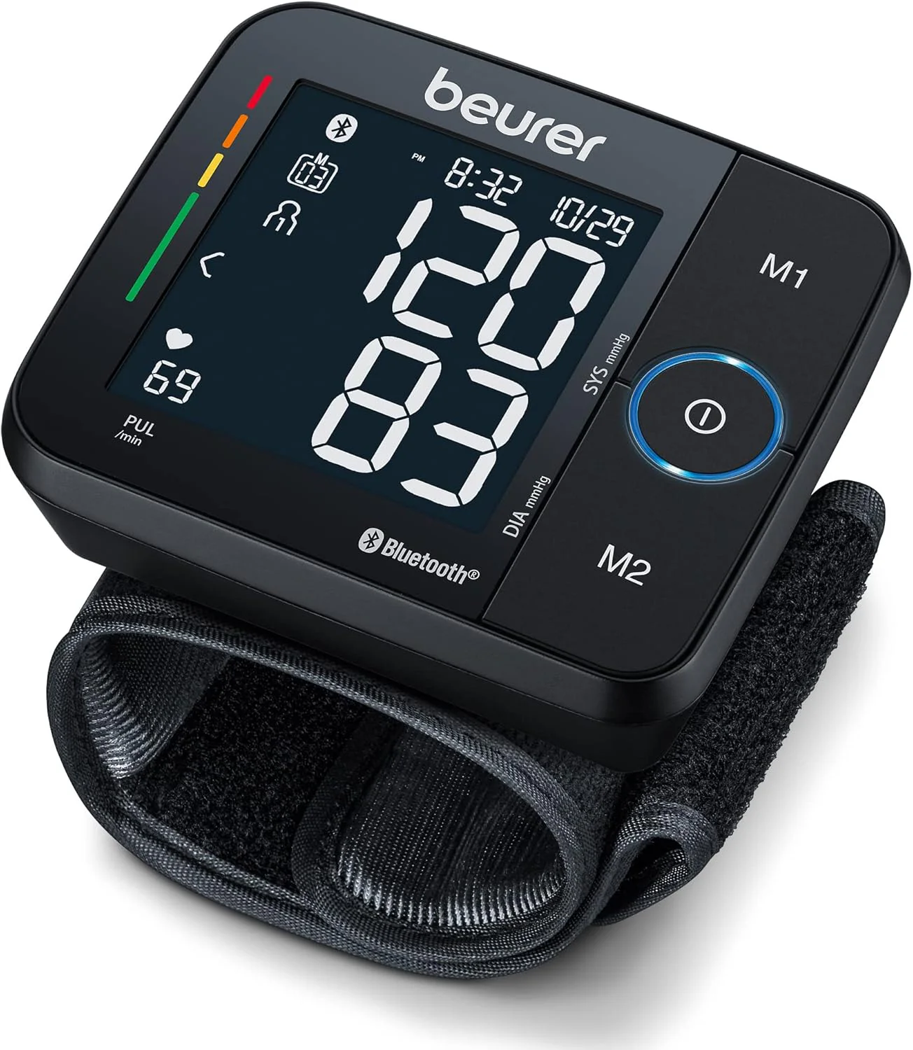 Beurer Wrist Blood Pressure Monitor with Bluetooth, Irregular Heartbeat Detection, Risk Indicator, Large Display, and Travel Case
