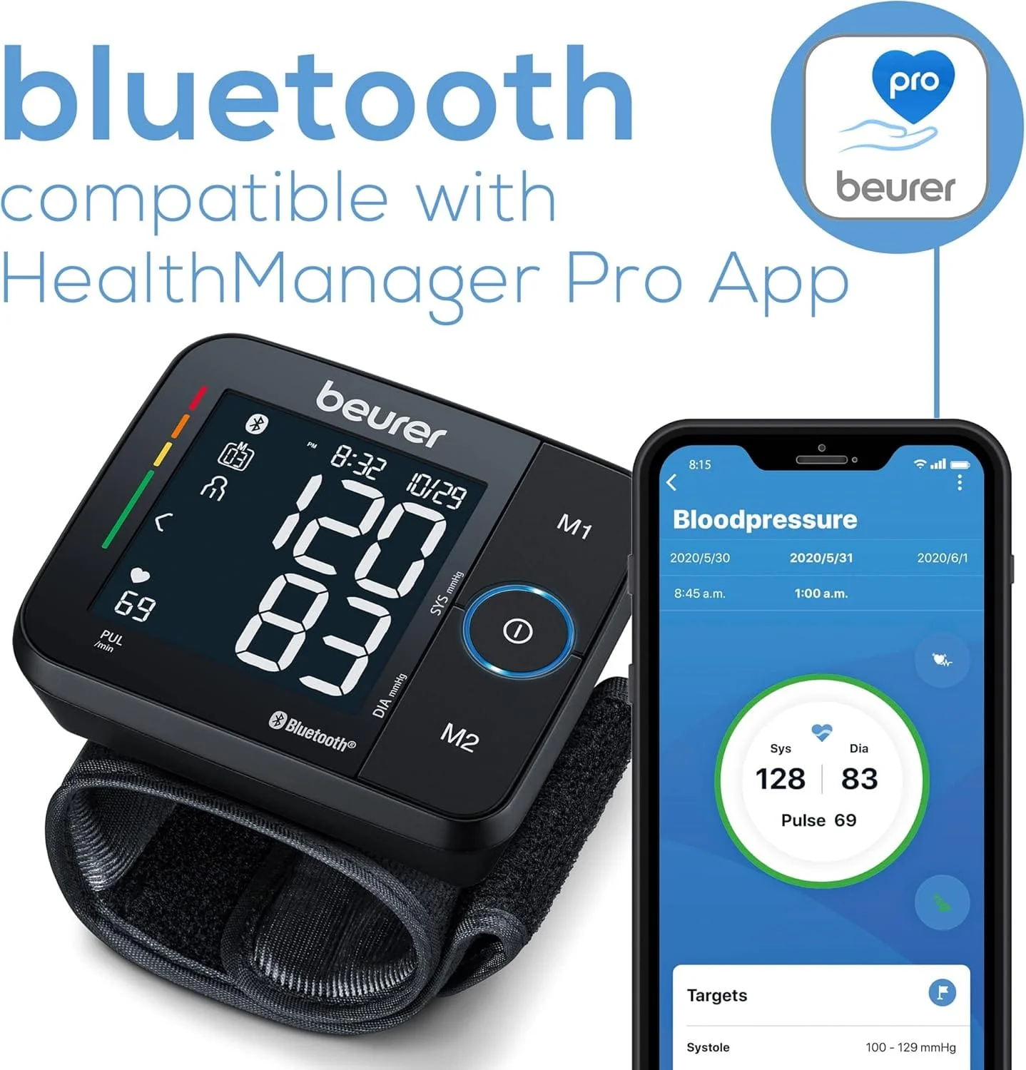 Beurer Wrist Blood Pressure Monitor with Bluetooth, Irregular Heartbeat Detection, Risk Indicator, Large Display, and Travel Case - Image 2