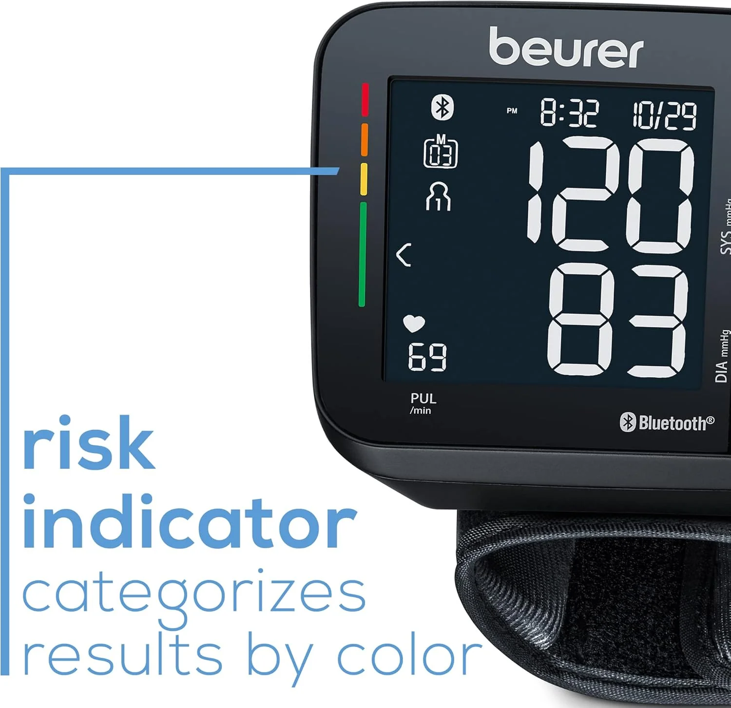 Beurer Wrist Blood Pressure Monitor with Bluetooth, Irregular Heartbeat Detection, Risk Indicator, Large Display, and Travel Case - Image 3