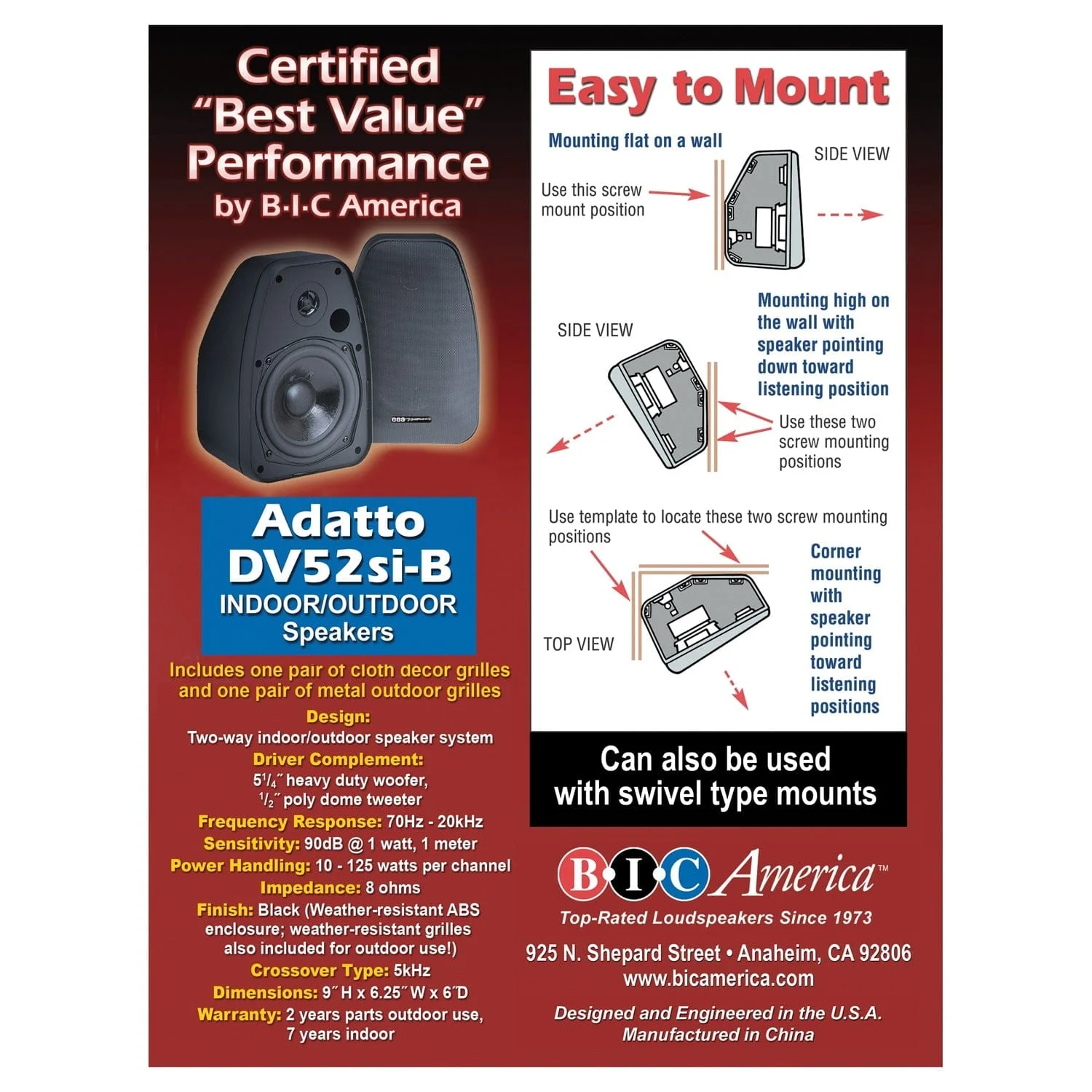 BIC America Adatto DV52si Indoor/Outdoor Weather-Resistant 125-Watt Bookshelf Speaker Set, 2 Count - Image 2