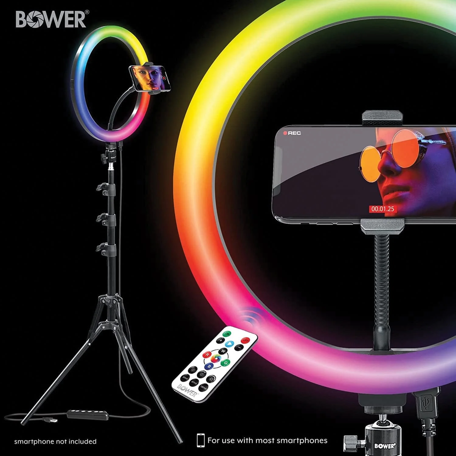 Bower RGB Selfie Ring Light Studio Kit with Wireless Remote Control and Tripod, 12 In. - Image 4