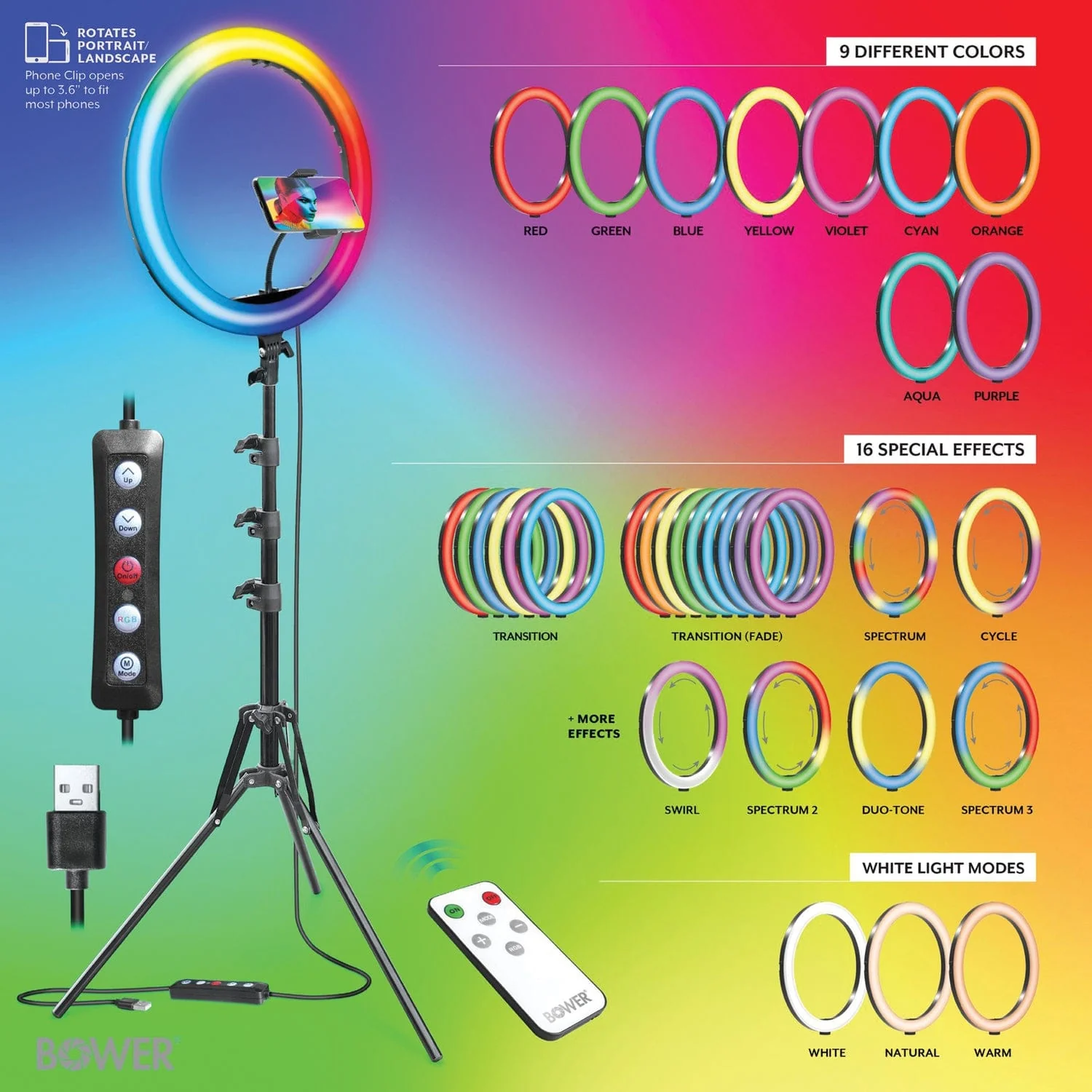 Bower RGB Selfie Ring Light Studio Kit with Wireless Remote Control and Tripod, 16 In. - Image 3