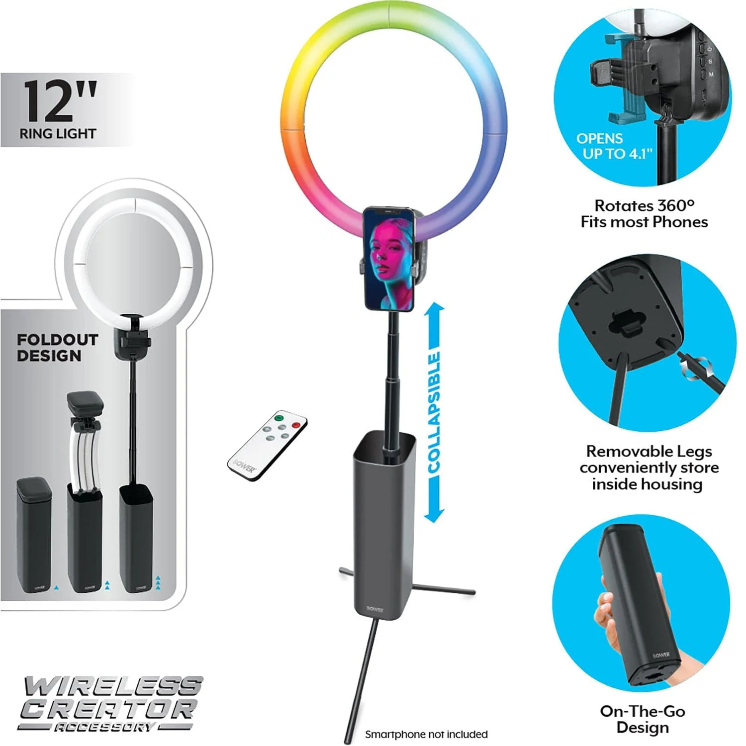 Bower Wireless Creator Collapsible 12-In. White and RGB Ring Light, Black - Image 5