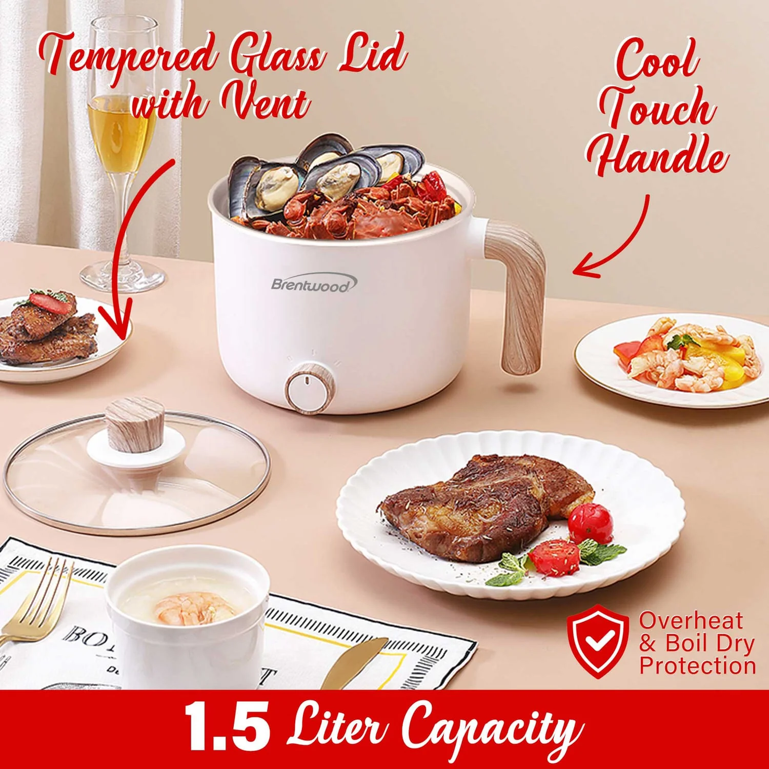 Brentwood 1.6-Qt. 600-Watt Multi-Function Electric Hot Pot Cooker with Ceramic Nonstick Coating, White - Image 2