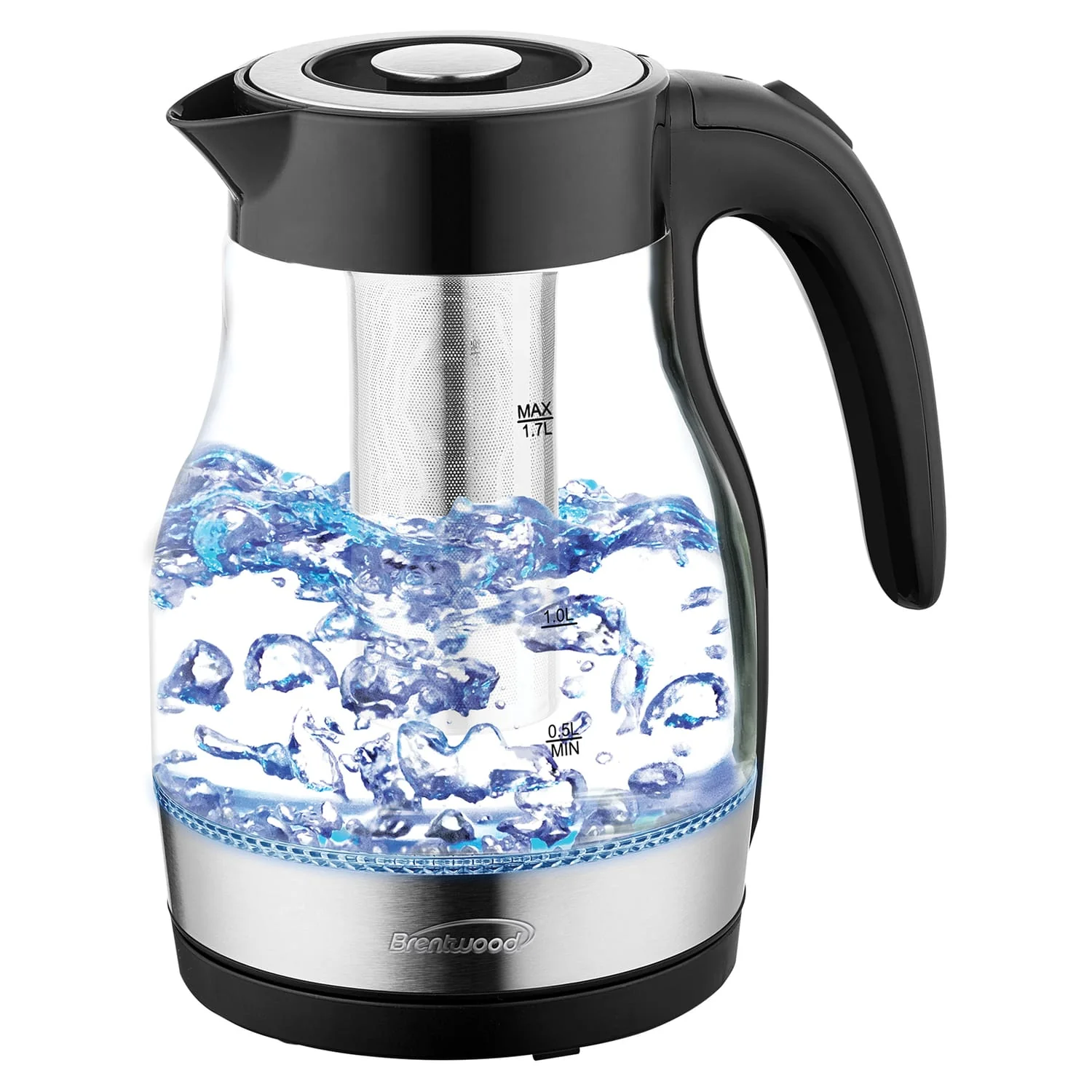 Brentwood 1.79-Qt. 1100-Watt Cordless Glass Electric Kettle with Tea Infuser and Swivel Base, Black