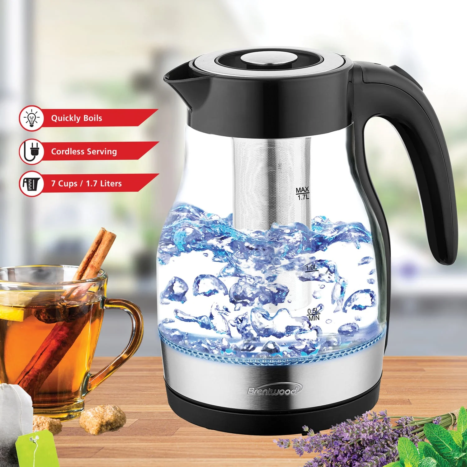 Brentwood 1.79-Qt. 1100-Watt Cordless Glass Electric Kettle with Tea Infuser and Swivel Base, Black - Image 3