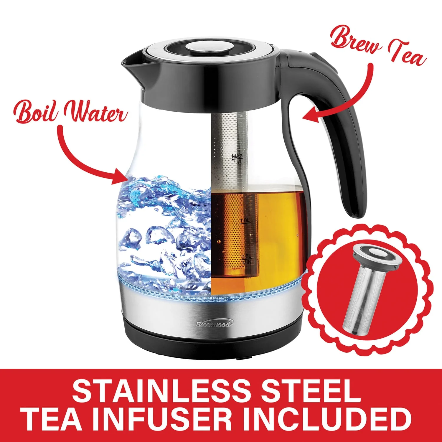 Brentwood 1.79-Qt. 1100-Watt Cordless Glass Electric Kettle with Tea Infuser and Swivel Base, Black - Image 5