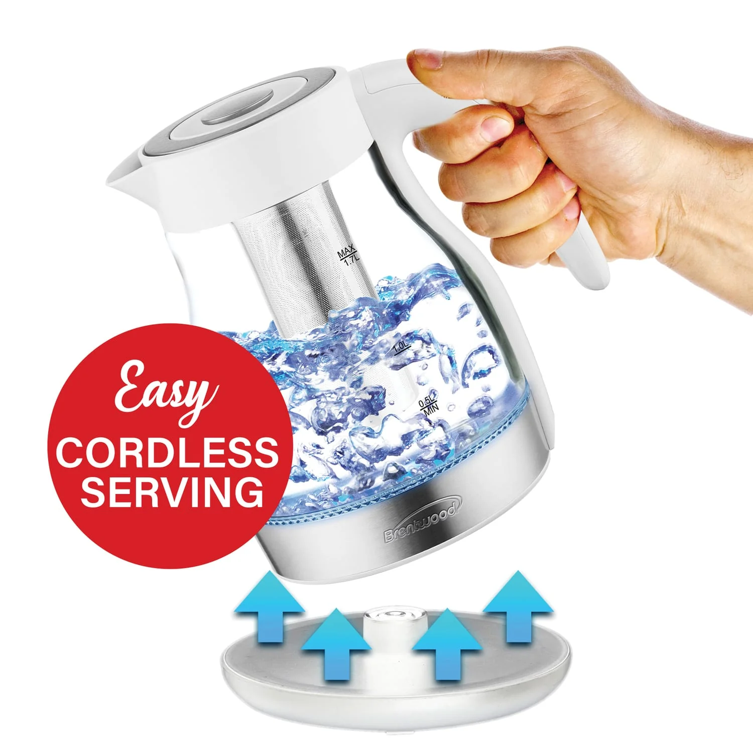 Brentwood 1.79-Qt. 1100-Watt Cordless Glass Electric Kettle with Tea Infuser and Swivel Base, White - Image 2