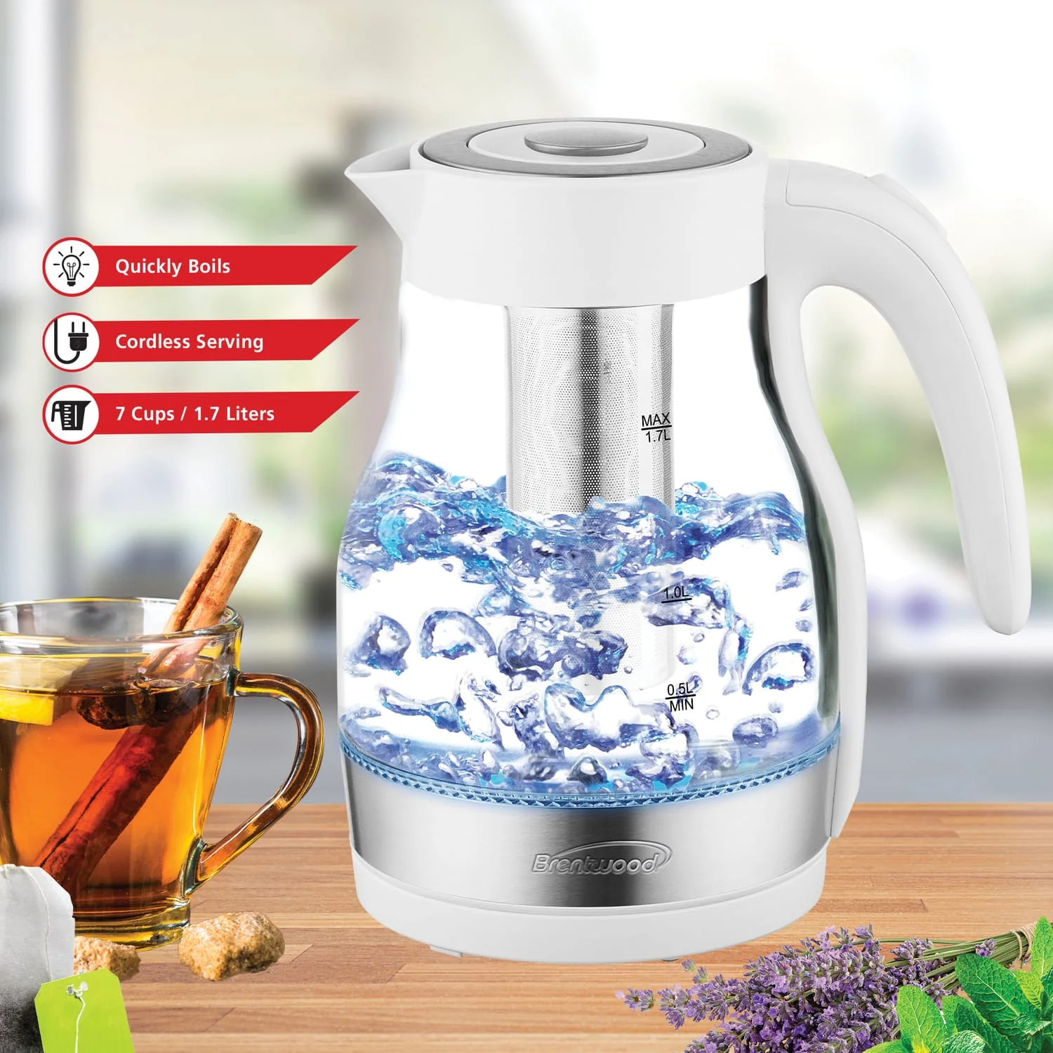 Brentwood 1.79-Qt. 1100-Watt Cordless Glass Electric Kettle with Tea Infuser and Swivel Base, White - Image 3