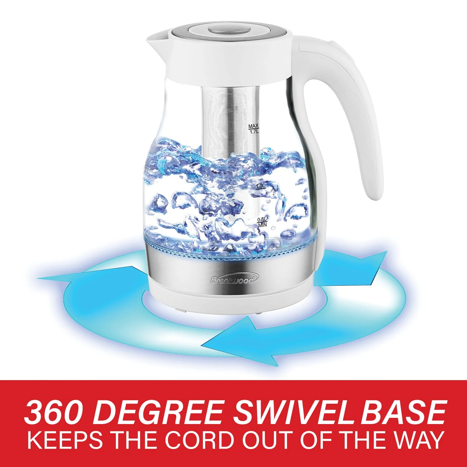 Brentwood 1.79-Qt. 1100-Watt Cordless Glass Electric Kettle with Tea Infuser and Swivel Base, White - Image 4