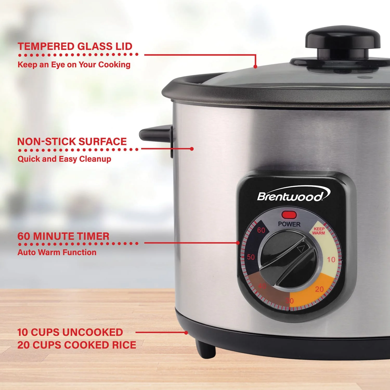 Brentwood 10-Cup Uncooked/20-Cup Cooked 700-Watt Stainless Steel Crunchy Persian Rice Cooker with Lid - Image 5