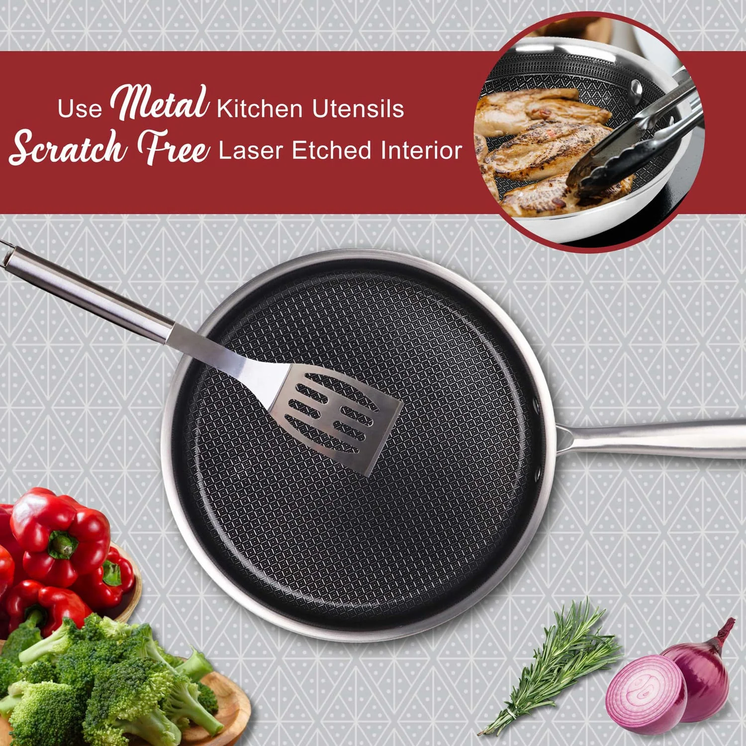 Brentwood 10-In. 3.2-Qt. 3-Ply Hybrid Non-Stick Stainless Steel Deep Sauté Pan with Tempered Glass Lid - Image 3
