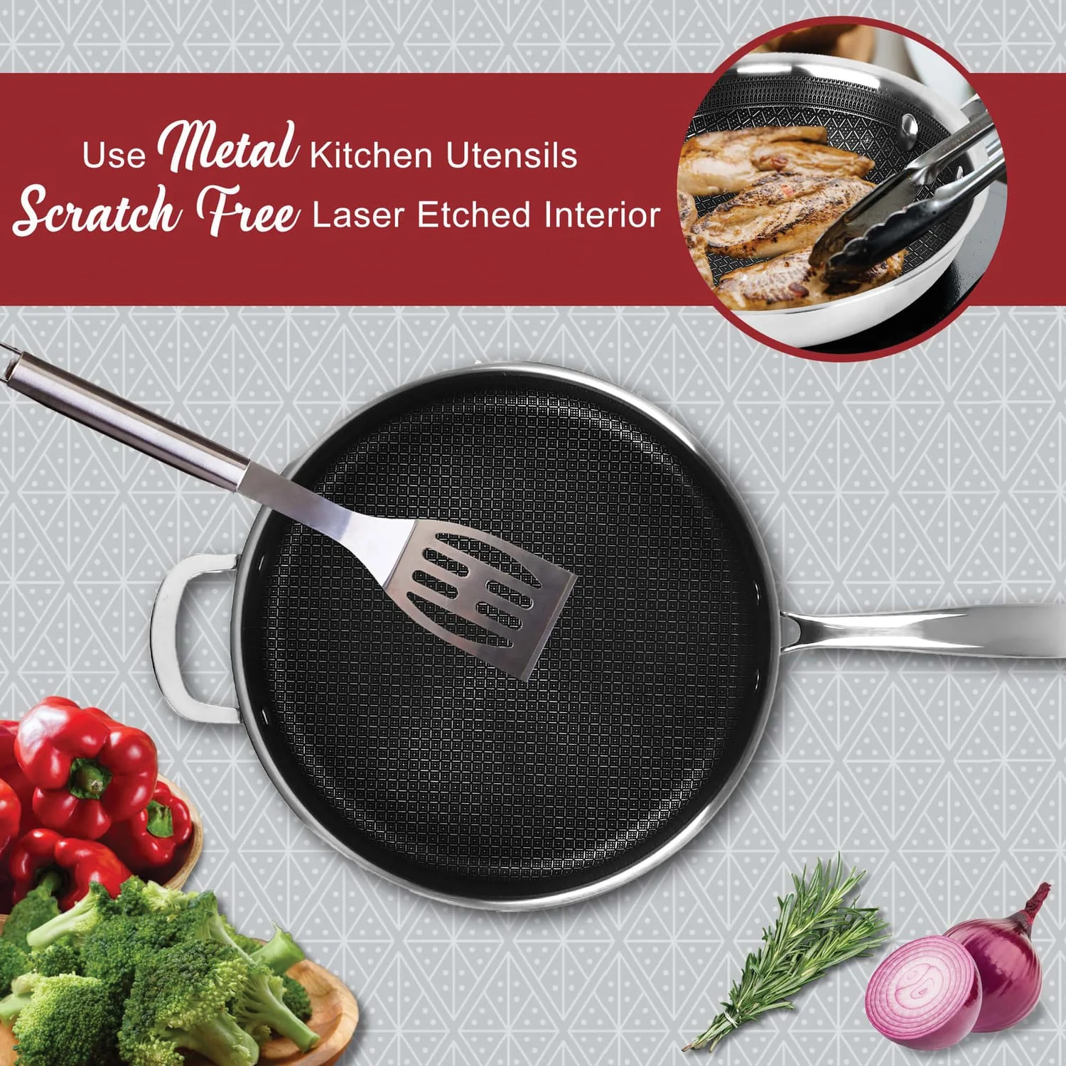 Brentwood 11-In. 3-Ply Hybrid Non-Stick Stainless Steel Induction-Compatible Deep Sauté Pan with Glass Lid - Image 2