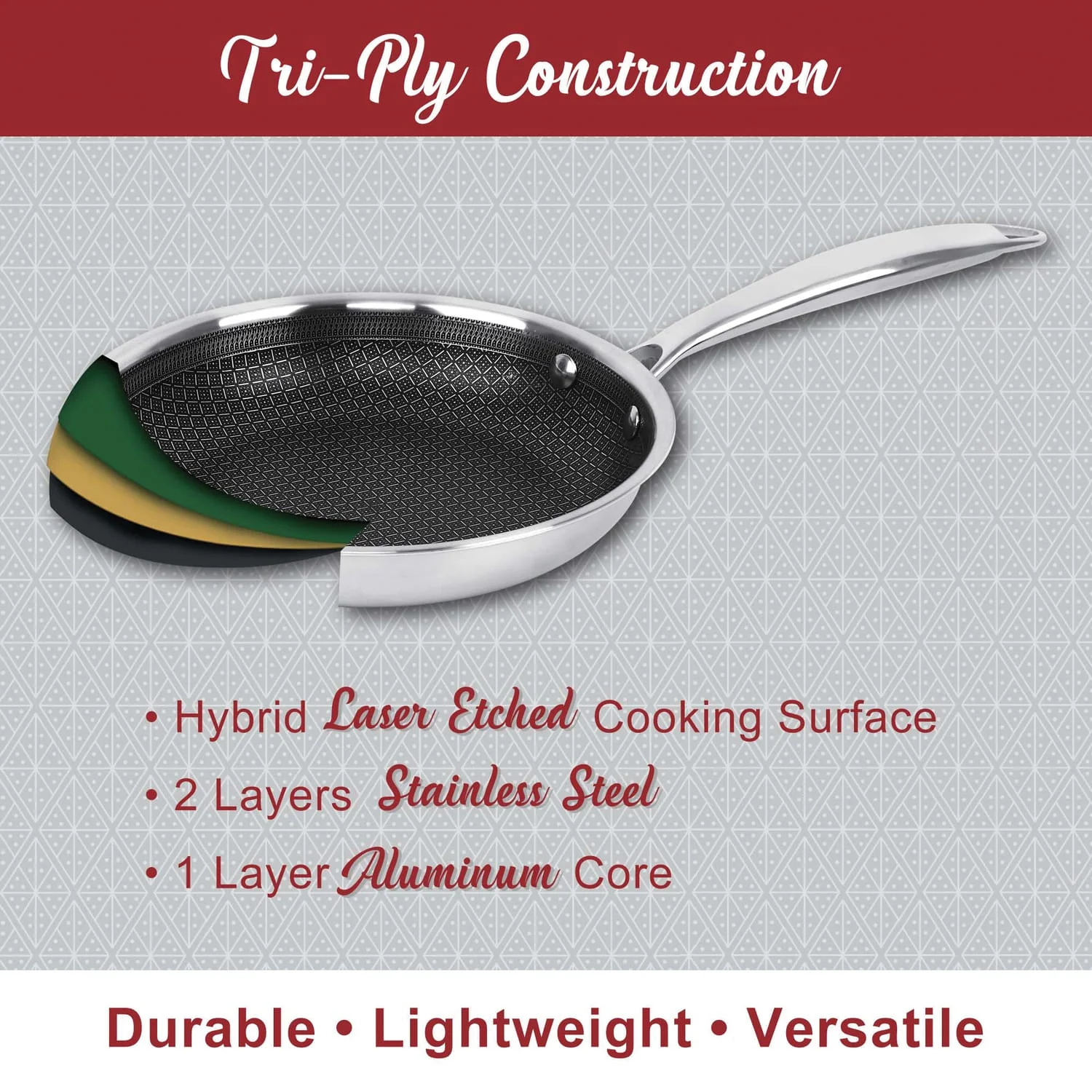 Brentwood 11-In. 3-Ply Hybrid Non-Stick Stainless Steel Induction-Compatible Deep Sauté Pan with Glass Lid - Image 5