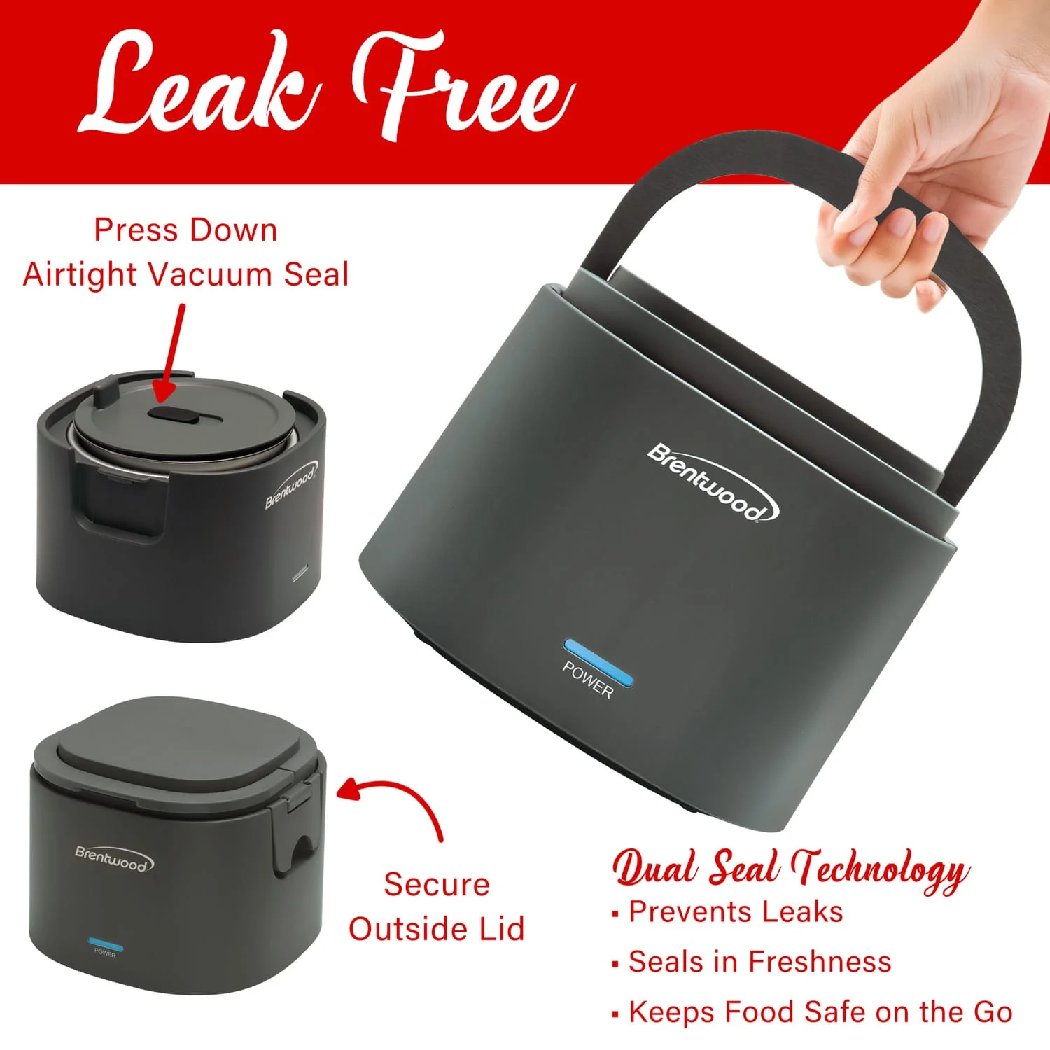 Brentwood 110-Volt 50-Watt 0.625-Qt. Portable Leakproof Electric Lunch Box, Gray - Image 2