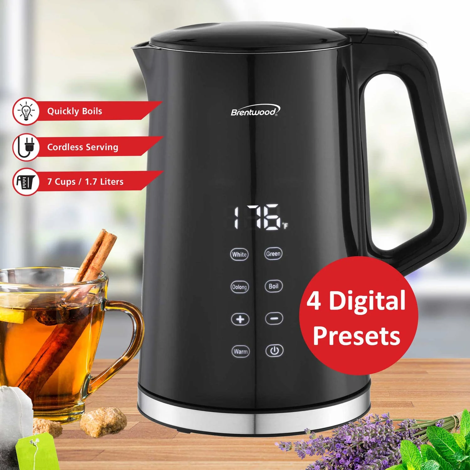 Brentwood 1100-Watt 1.7-L Cordless Cool-Touch Digital Electric Kettle with Stainless Steel Interior, BTWKT2015DBK - Image 3