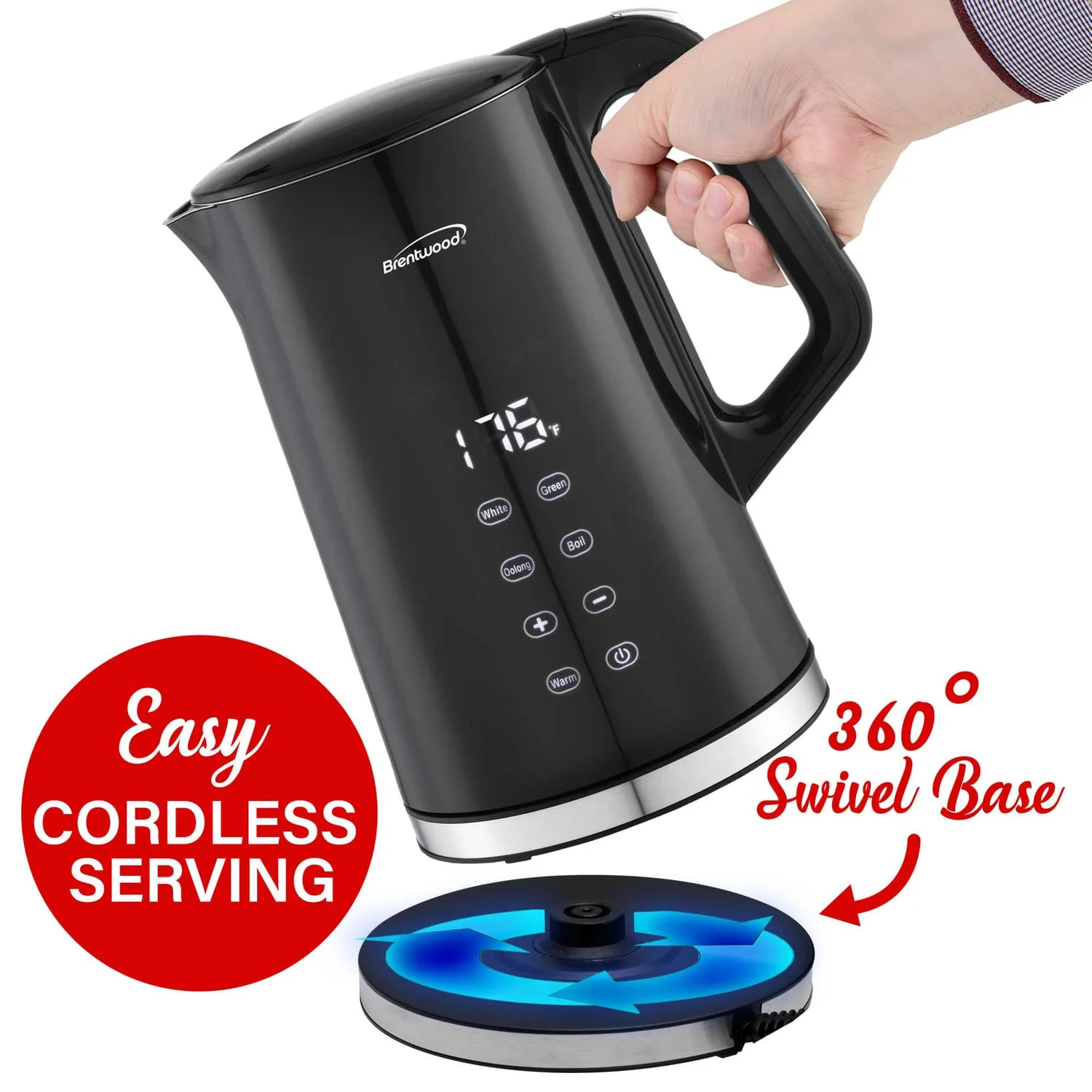 Brentwood 1100-Watt 1.7-L Cordless Cool-Touch Digital Electric Kettle with Stainless Steel Interior, BTWKT2015DBK - Image 5