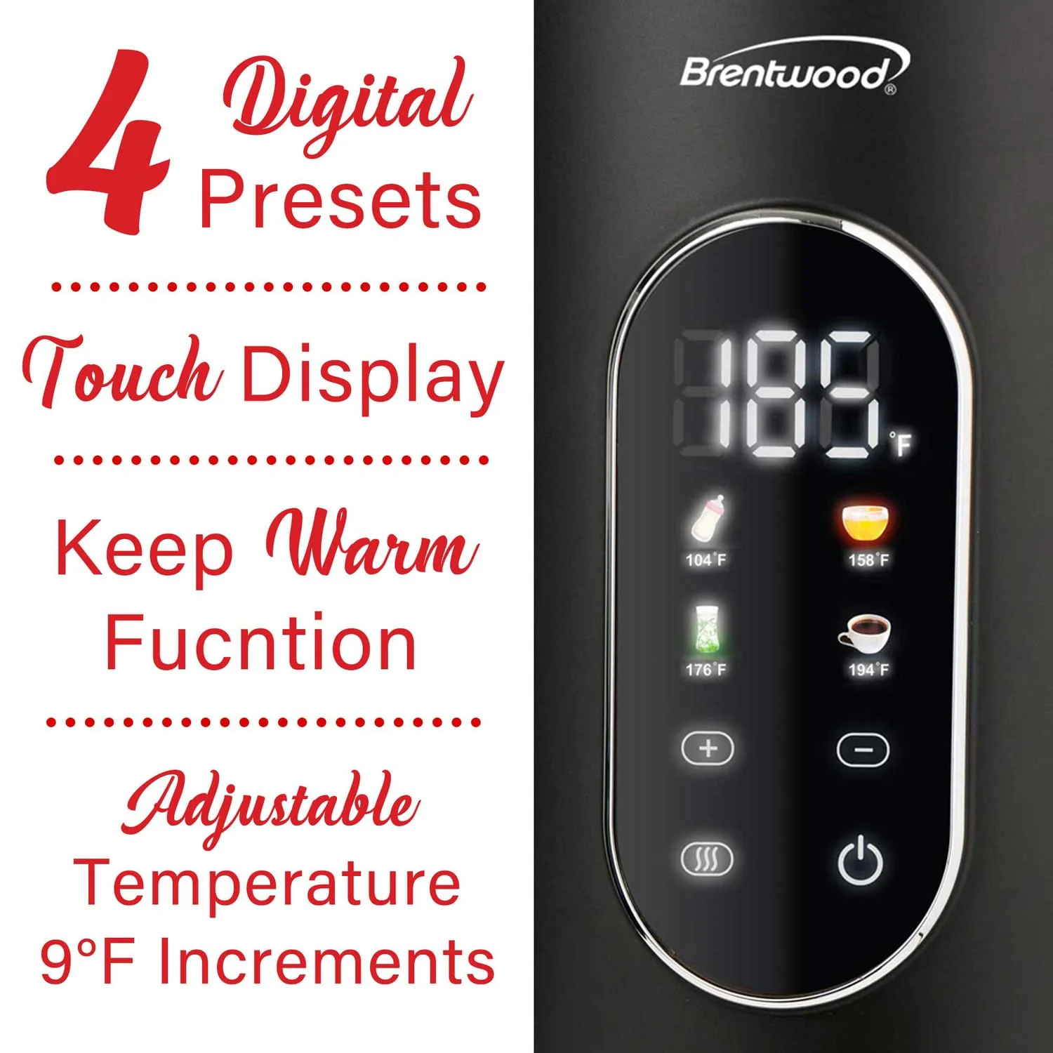Brentwood 1100-Watt 1.7-L Cordless Cool-Touch Digital Electric Kettle with Stainless Steel Interior, KT-2014DBK - Image 2