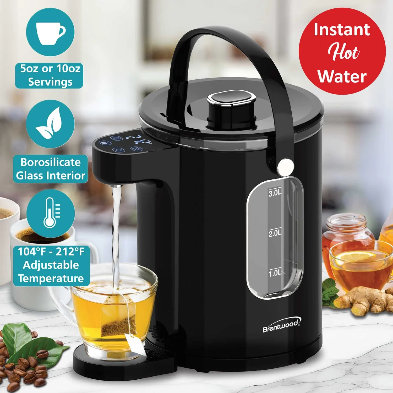 Brentwood 1100-Watt 3-L Digital Glass Instant Hot Water Dispenser with Tea Infuser, KT-2230BK - Image 2