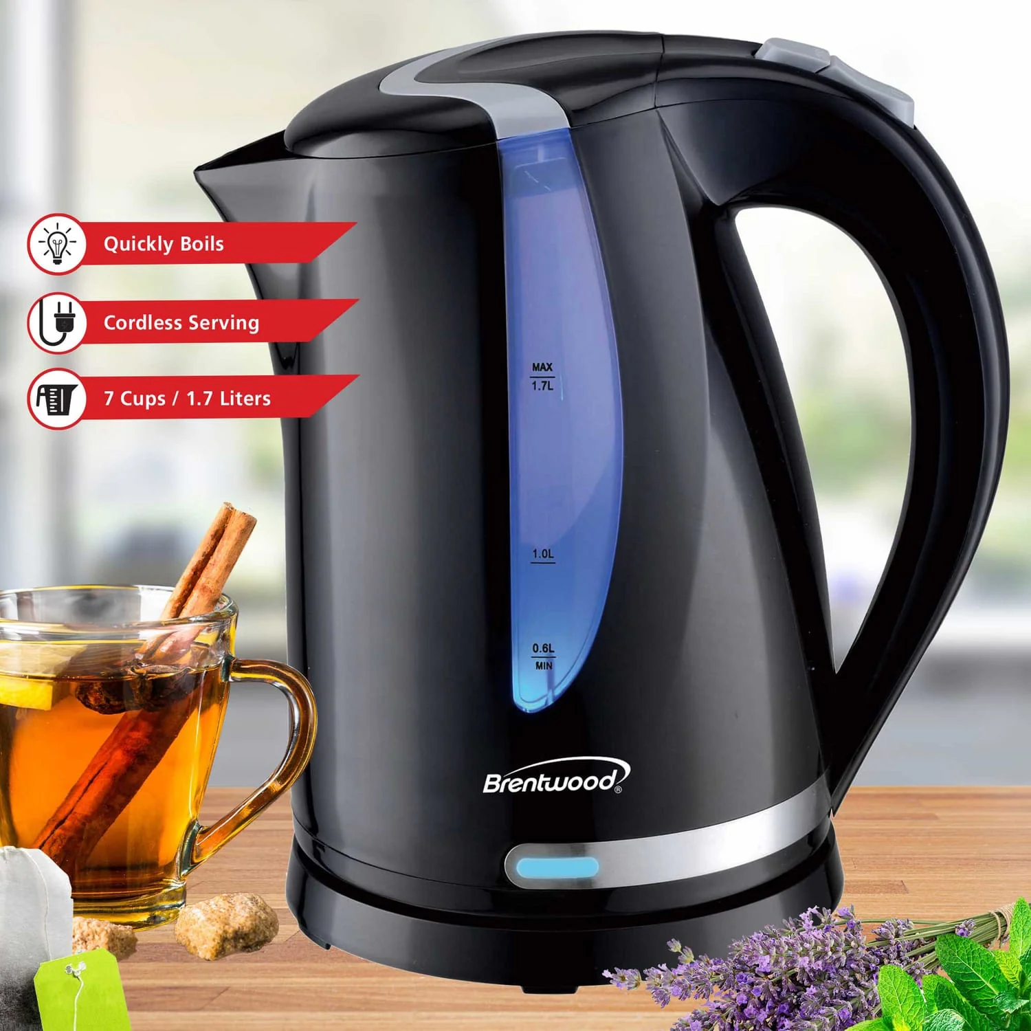 Brentwood 1100W Cordless Electric Kettle with Concealed Stainless Steel Heating Element, 360° Base, Auto Shutoff, Boil-Dry Protection, 1.7 L, Black - Image 2