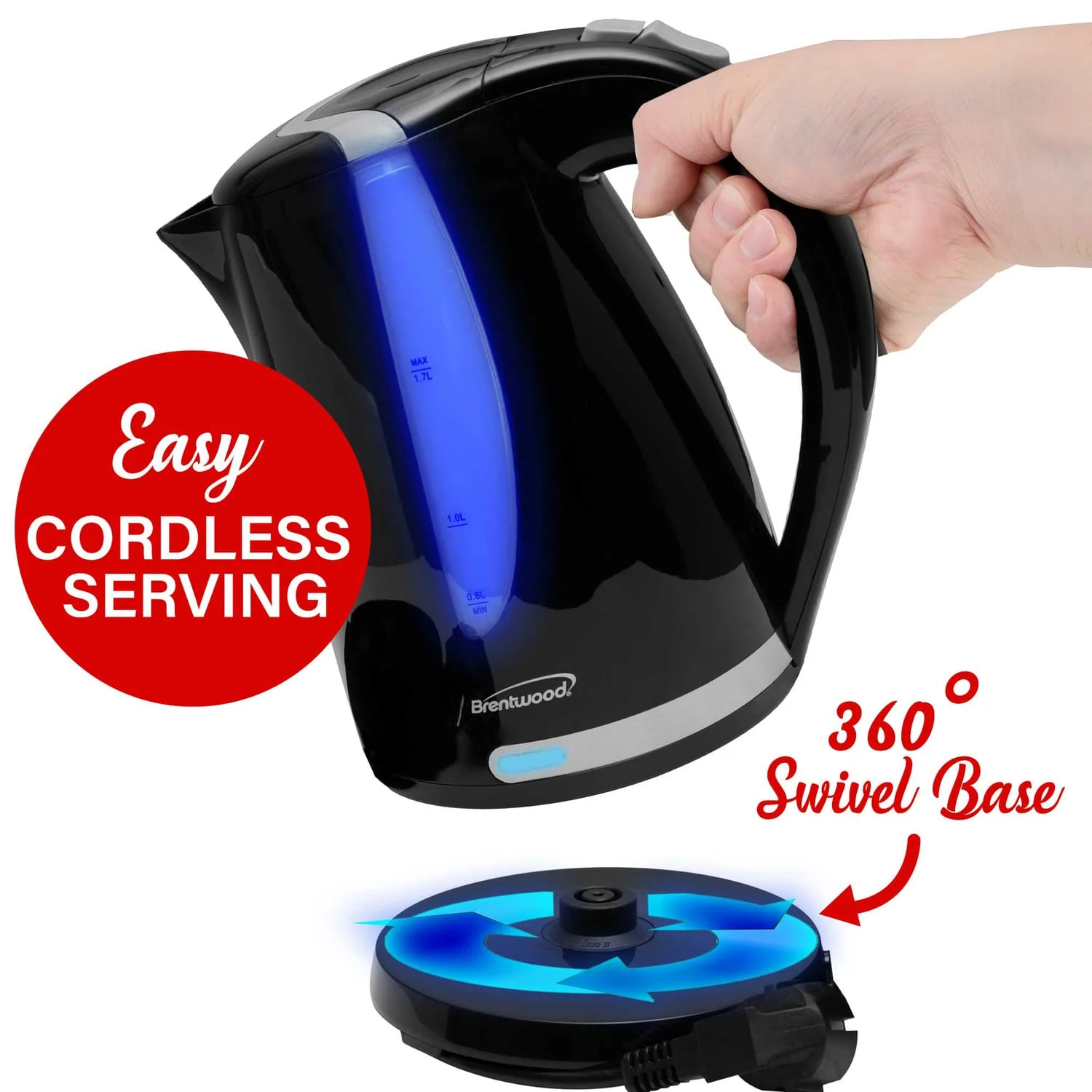 Brentwood 1100W Cordless Electric Kettle with Concealed Stainless Steel Heating Element, 360° Base, Auto Shutoff, Boil-Dry Protection, 1.7 L, Black - Image 3