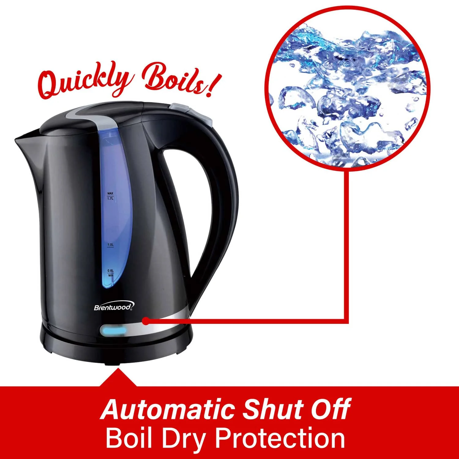 Brentwood 1100W Cordless Electric Kettle with Concealed Stainless Steel Heating Element, 360° Base, Auto Shutoff, Boil-Dry Protection, 1.7 L, Black - Image 5