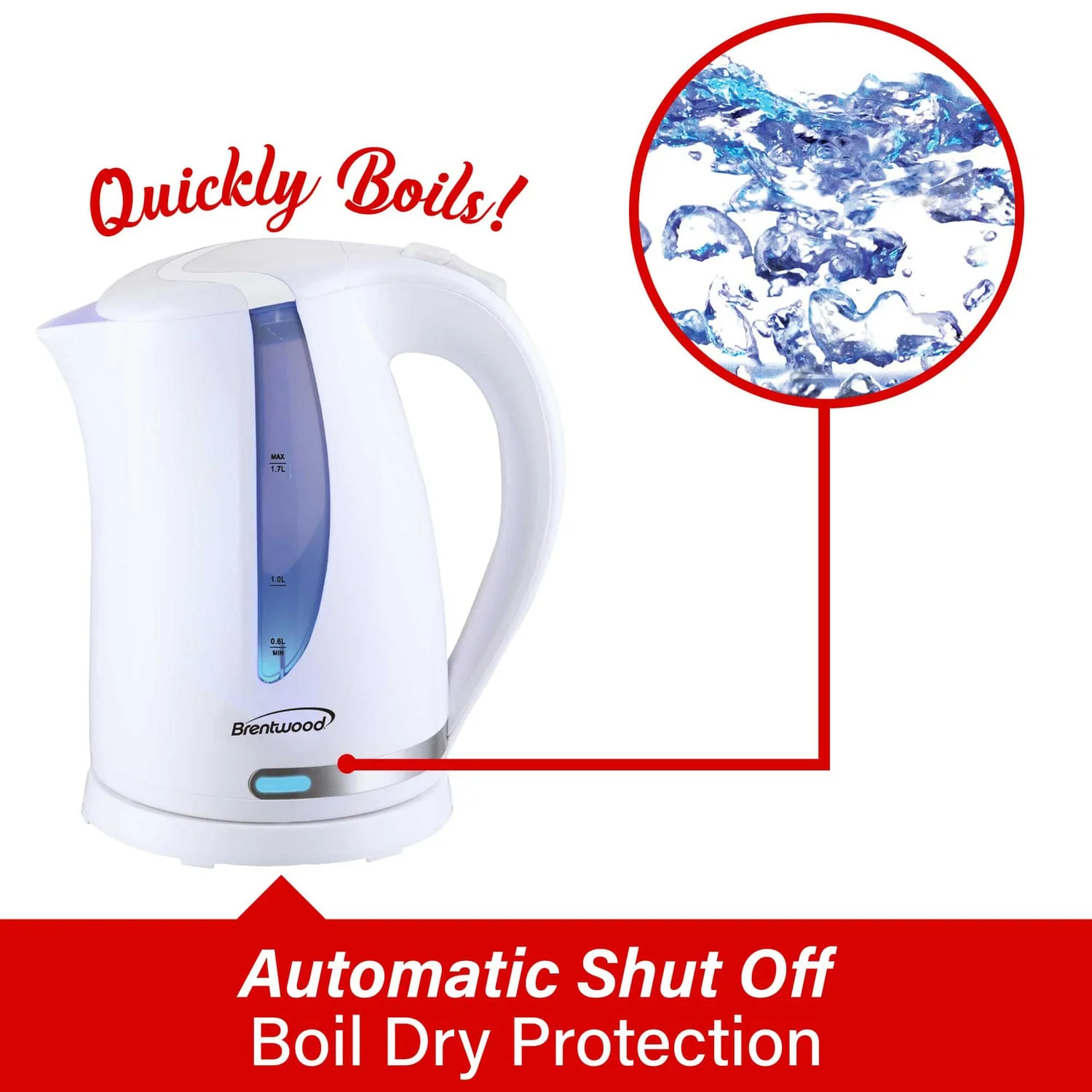 Brentwood 1100W Cordless Electric Kettle with Concealed Stainless Steel Heating Element, 360° Base, Auto Shutoff, Boil-Dry Protection, 1.7 L, White - Image 3
