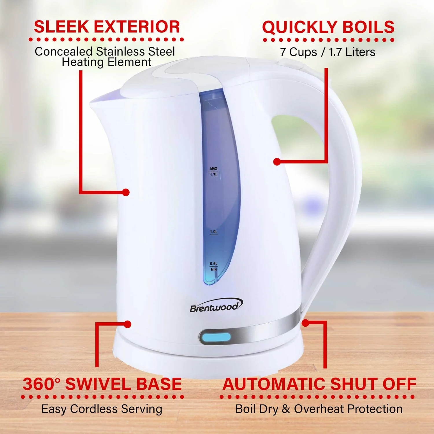 Brentwood 1100W Cordless Electric Kettle with Concealed Stainless Steel Heating Element, 360° Base, Auto Shutoff, Boil-Dry Protection, 1.7 L, White - Image 4