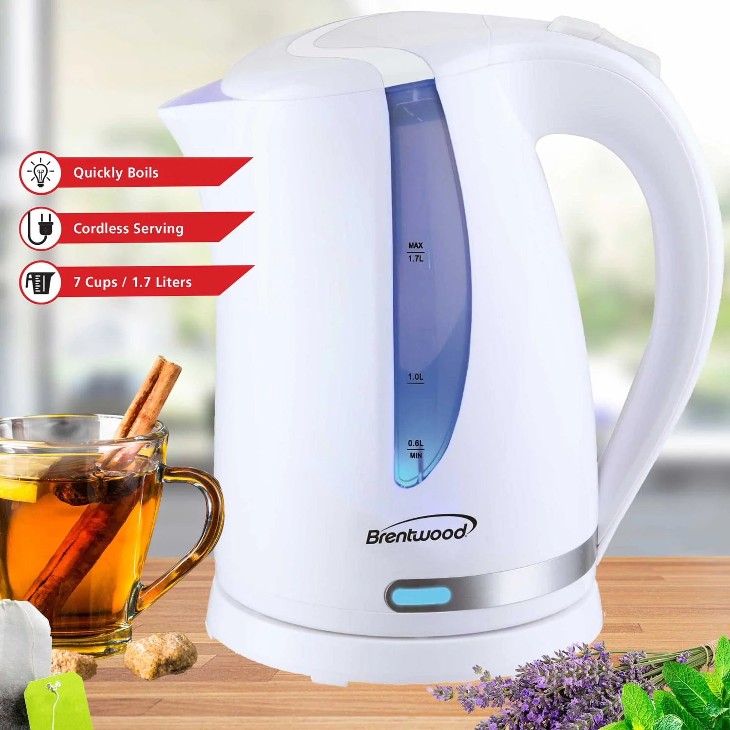 Brentwood 1100W Cordless Electric Kettle with Concealed Stainless Steel Heating Element, 360° Base, Auto Shutoff, Boil-Dry Protection, 1.7 L, White - Image 5
