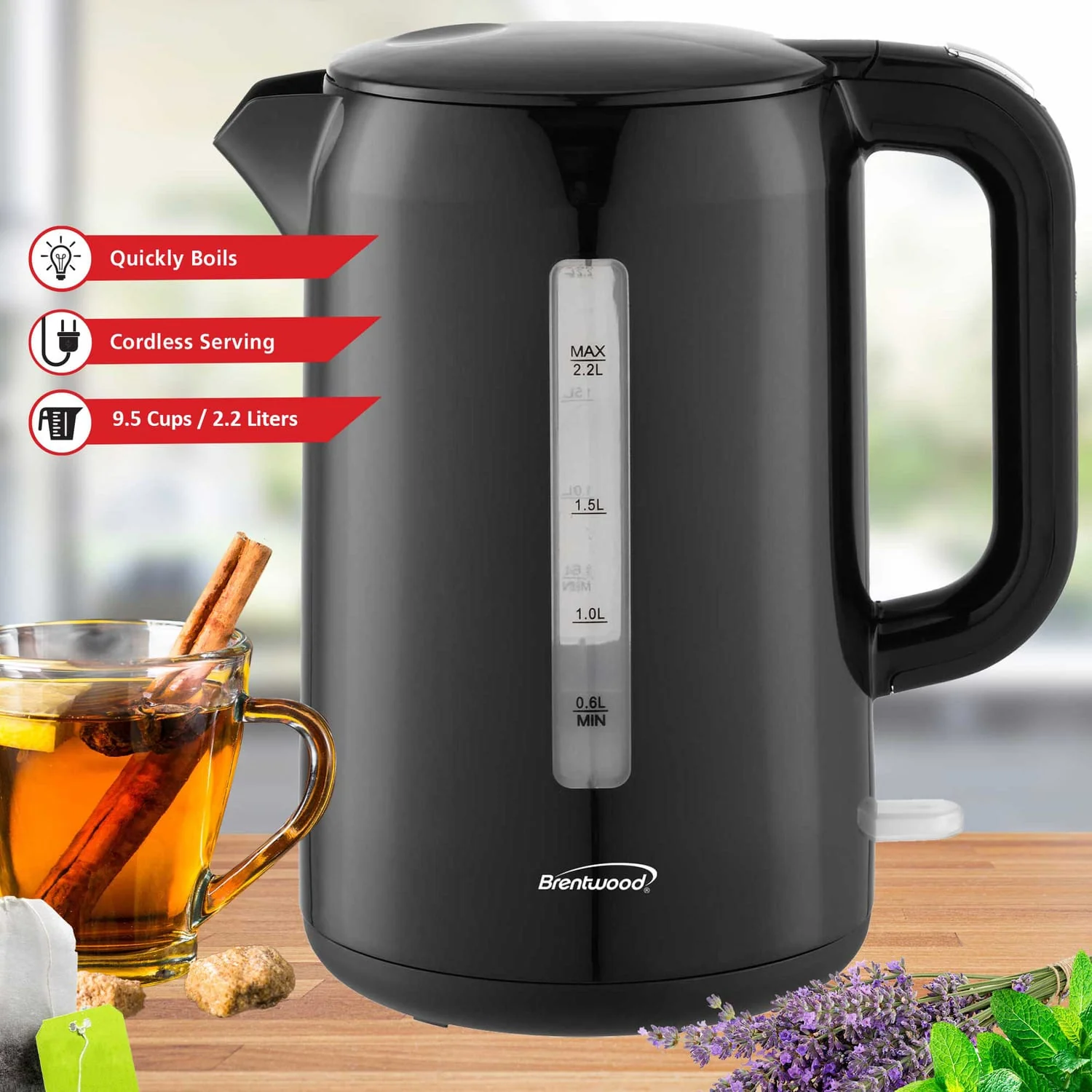Brentwood 1100W Cordless Electric Kettle with Concealed Stainless Steel Heating Element, 360° Base, Auto Shutoff, Boil-Dry Protection, 2.2 L, Black - Image 2