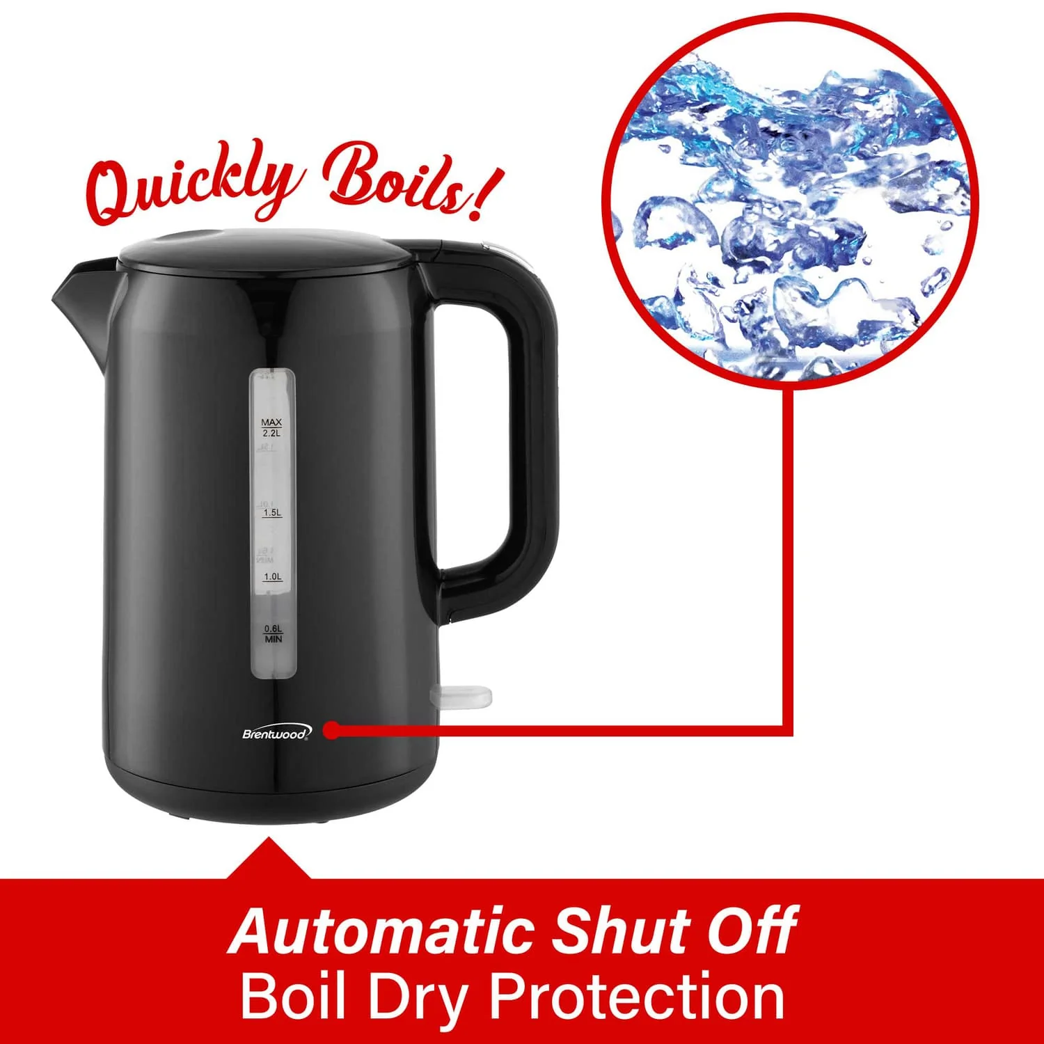 Brentwood 1100W Cordless Electric Kettle with Concealed Stainless Steel Heating Element, 360° Base, Auto Shutoff, Boil-Dry Protection, 2.2 L, Black - Image 5