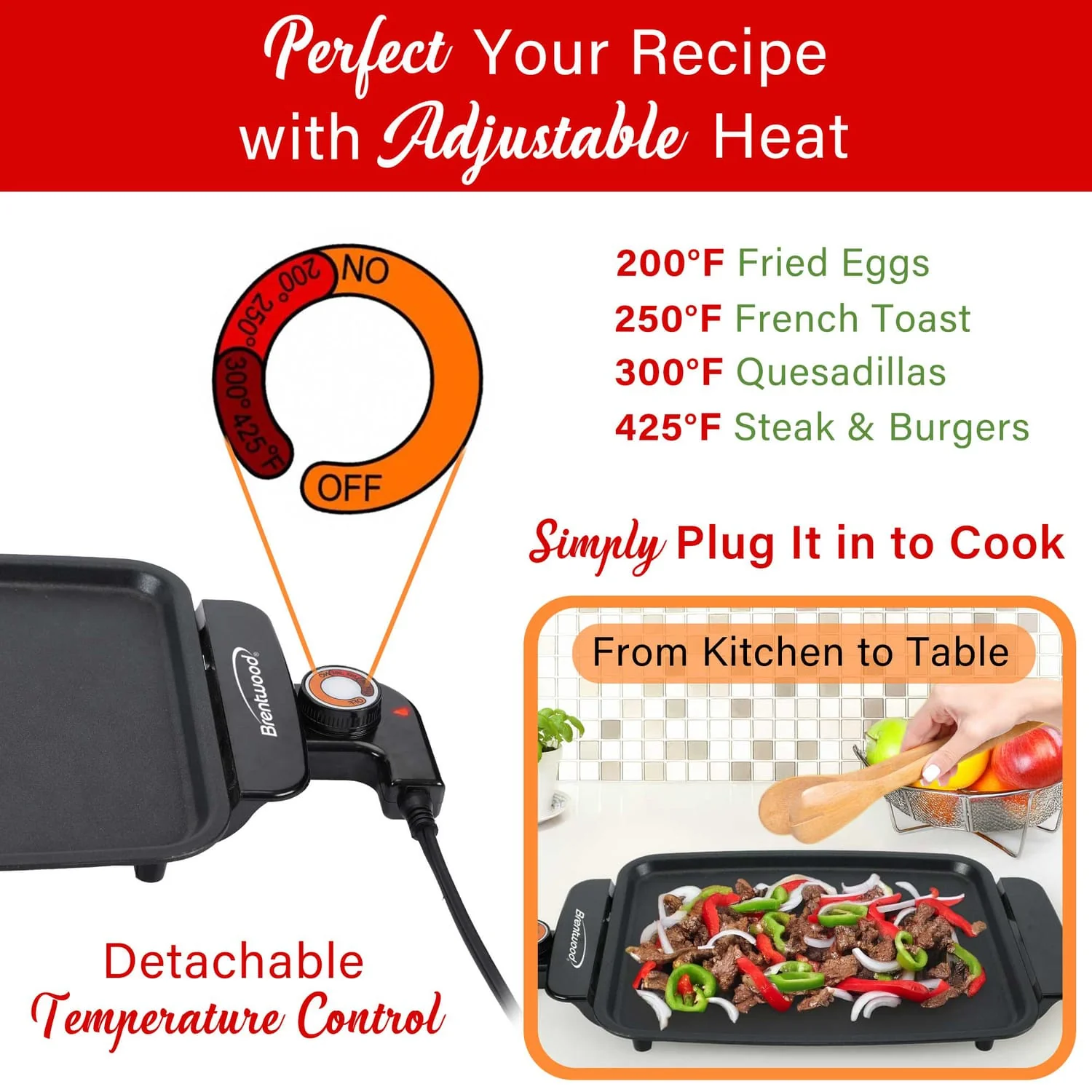 Brentwood 12-In. x 10-In. 1200-Watt Electric Griddle with Ceramic Non-Stick Coating, Black - Image 2