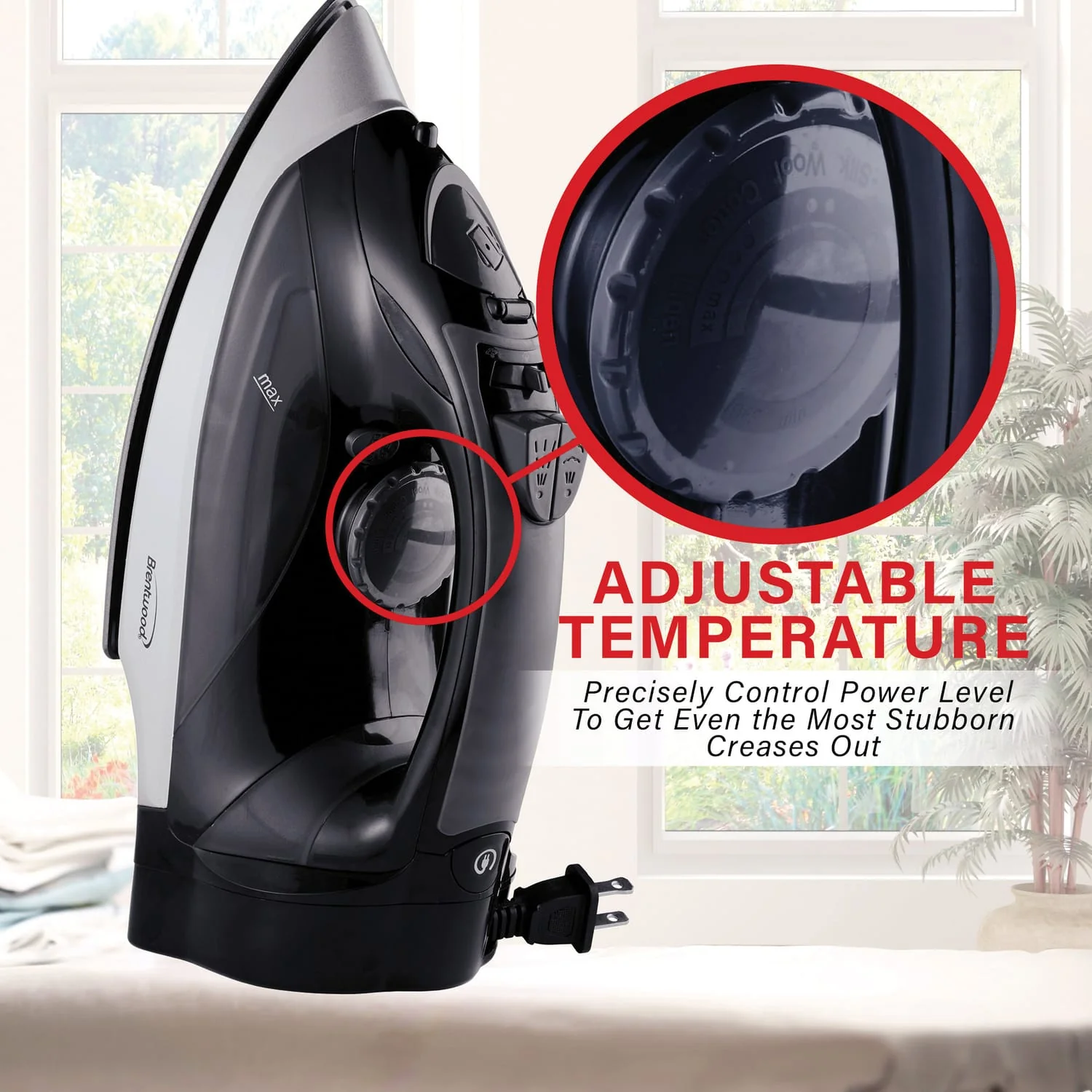 Brentwood 1200-Watt Nonstick Steam Iron with Retractable Cord, Black - Image 3