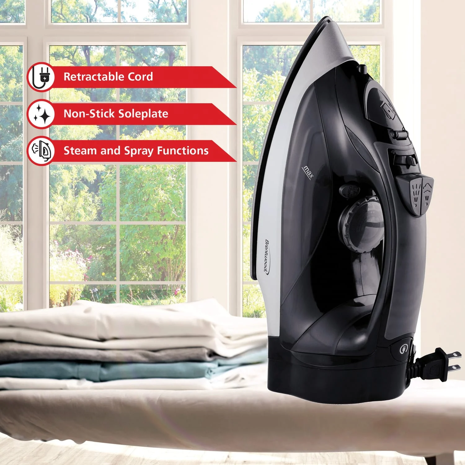 Brentwood 1200-Watt Nonstick Steam Iron with Retractable Cord, Black - Image 5